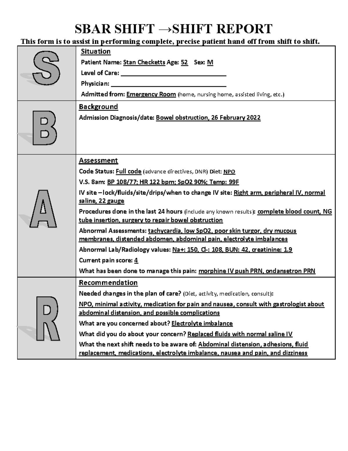 Stan checketts sbar - SBAR SHIFT →SHIFT REPORT This form is to assist ...