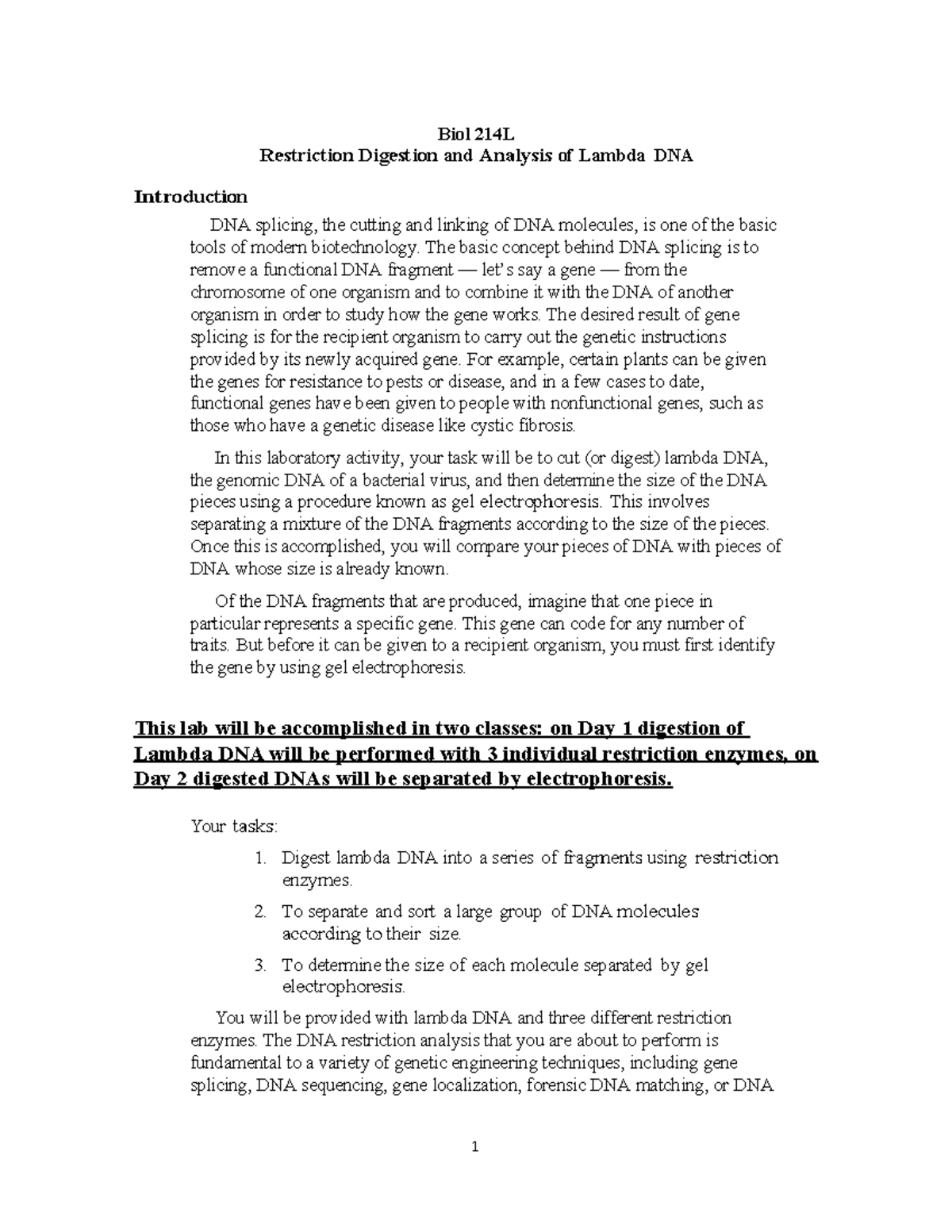 Restriction Enzymes Protocol - Biol 214L Restriction Digestion And ...