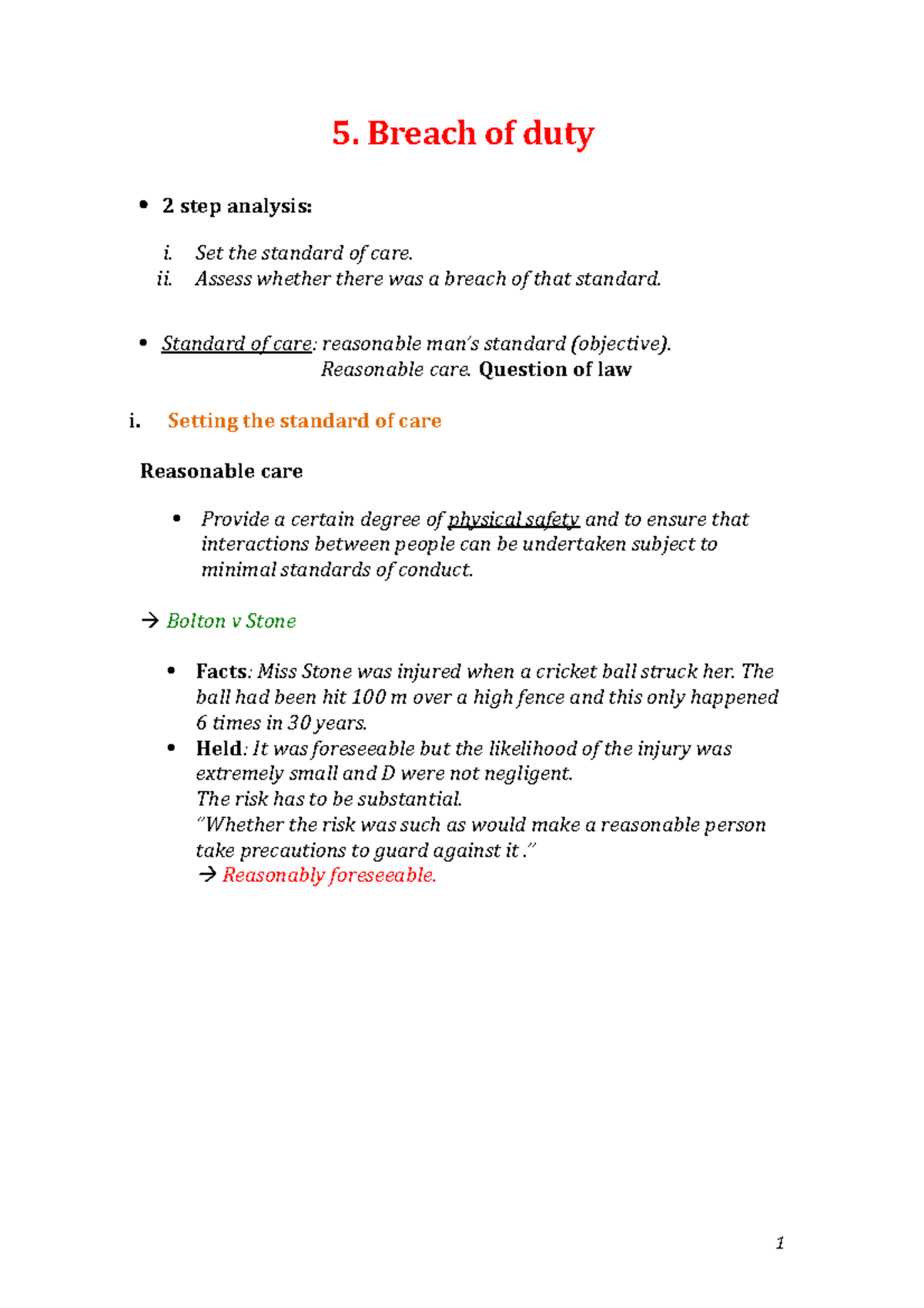 Breach of duty notes 5. Breach of duty 2 step analysis i. Set the