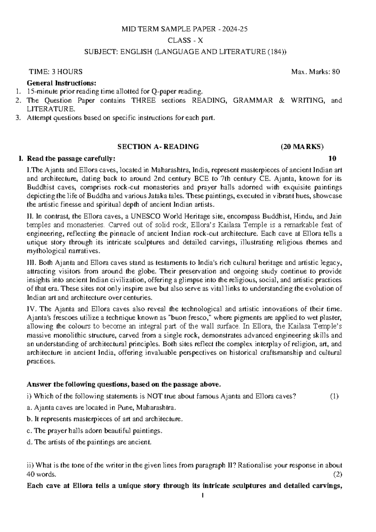 TERM 1 Class X English Sample Paper - MID TERM SAMPLE PAPER - 2024 ...