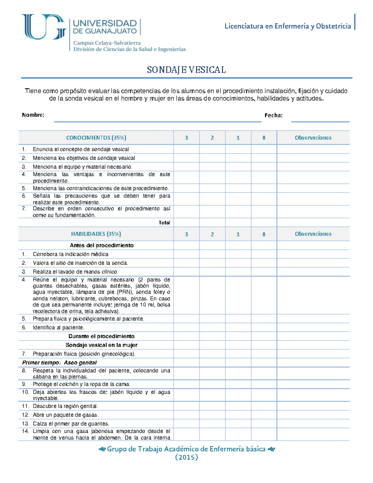 Lista De Cotejo Sondaje Vesical Sondaje Vesical Tiene Como Prop Sito Evaluar Las Competencias