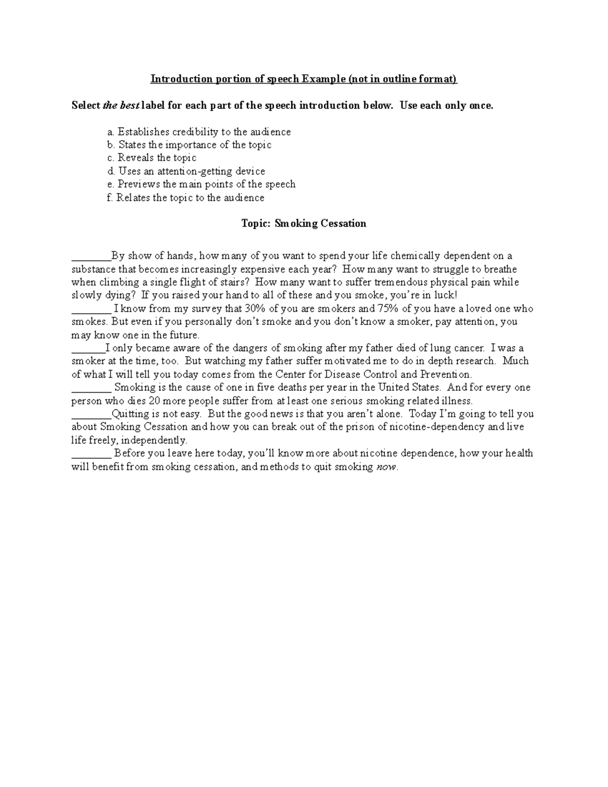 Introduction portion of speech Example - Use each only once. a ...