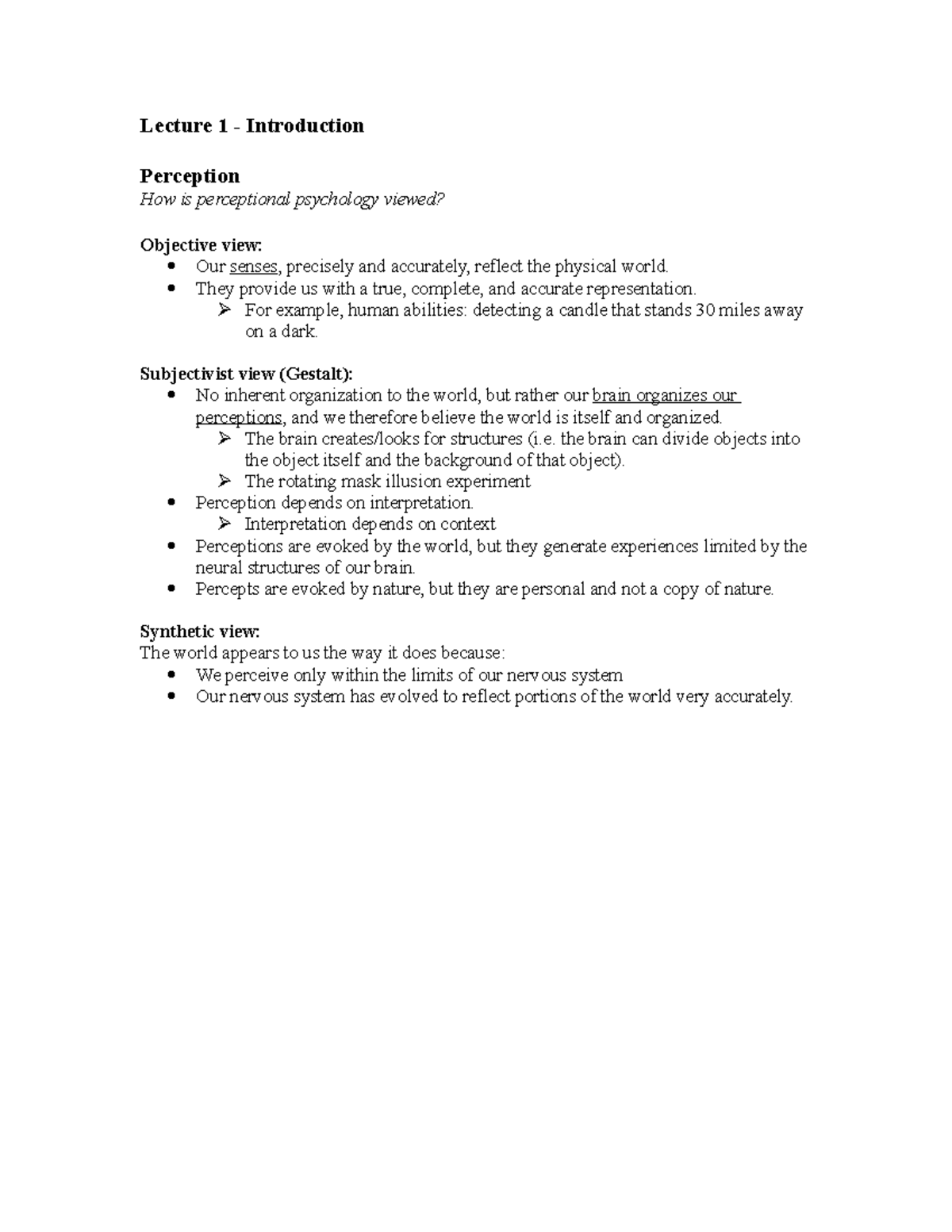 Week 1 - Lecture notes 1 - Lecture 1 - Introduction Perception How is ...