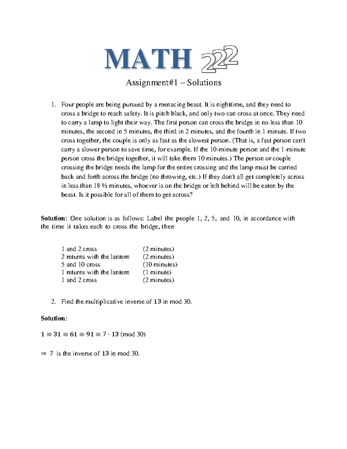 Assign 1 solns - MATH Assignment#1 – Solutions Four people are being ...