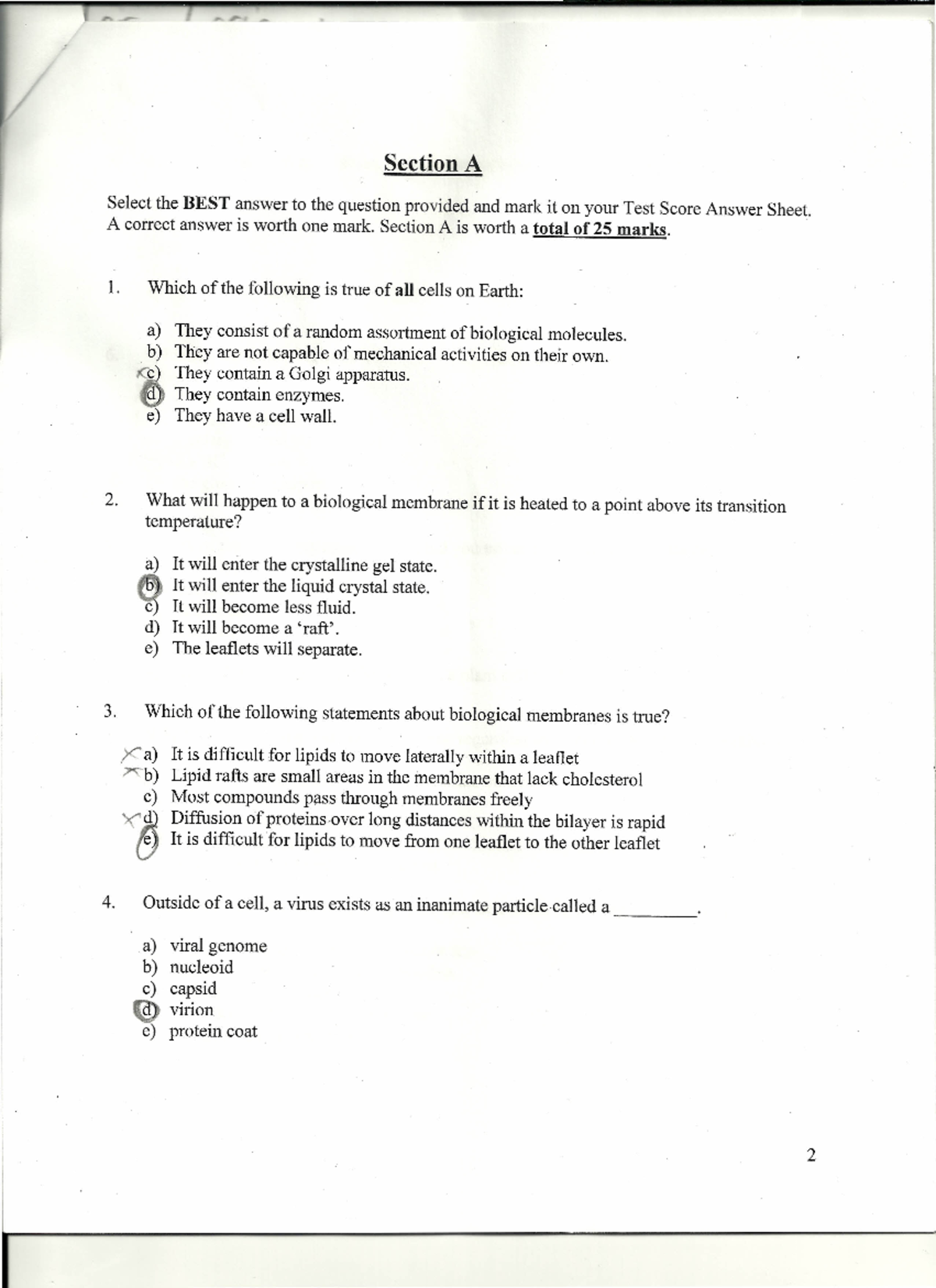 Bio1090 midterm Multiple choice - Section A Select the BEST answer to ...