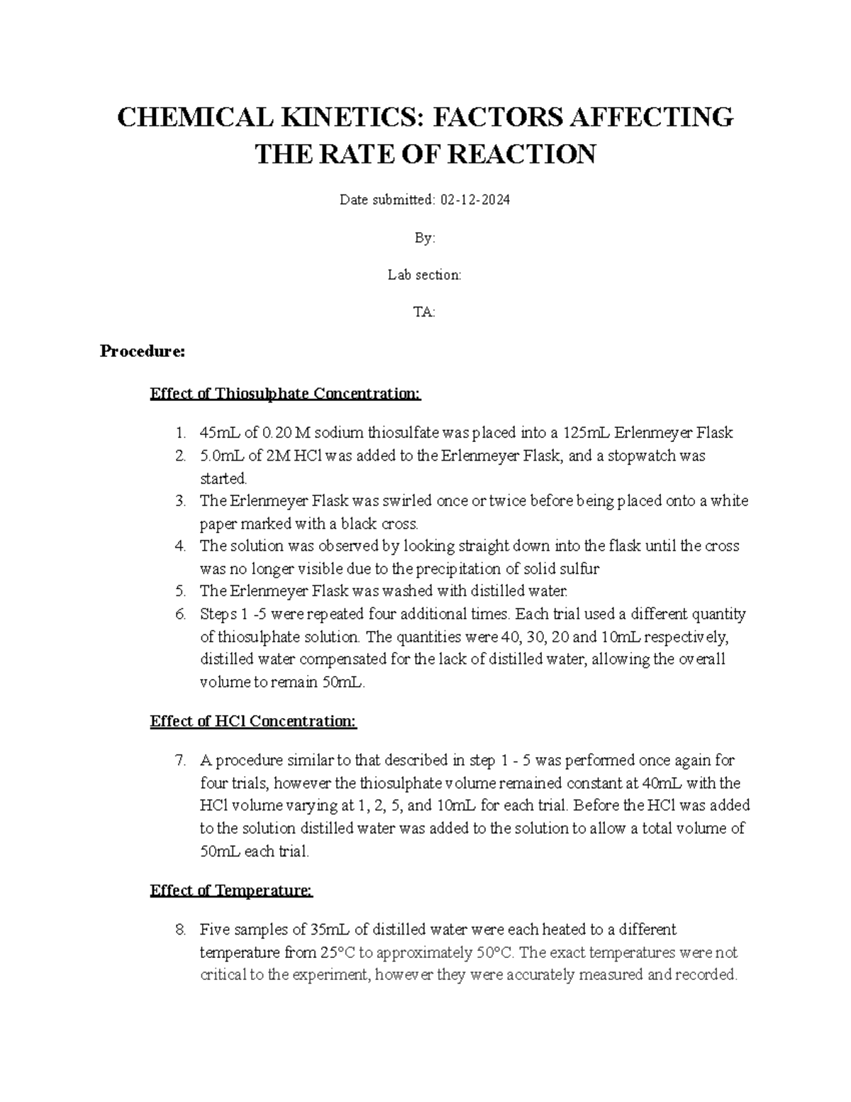 Kin Short Report - did ok - CHEMICAL KINETICS: FACTORS AFFECTING THE ...