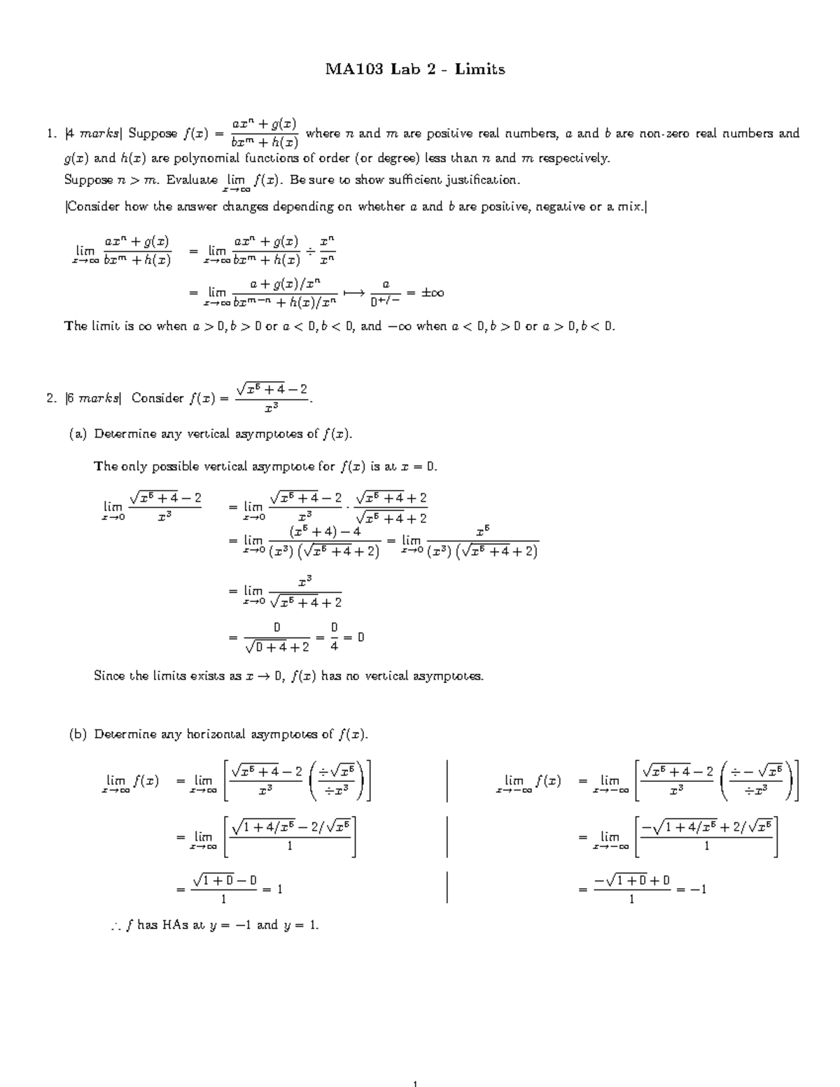 103S21-2s lab 2 answer - MA103 Lab 2 - Limits [4marks] Supposef(x ...