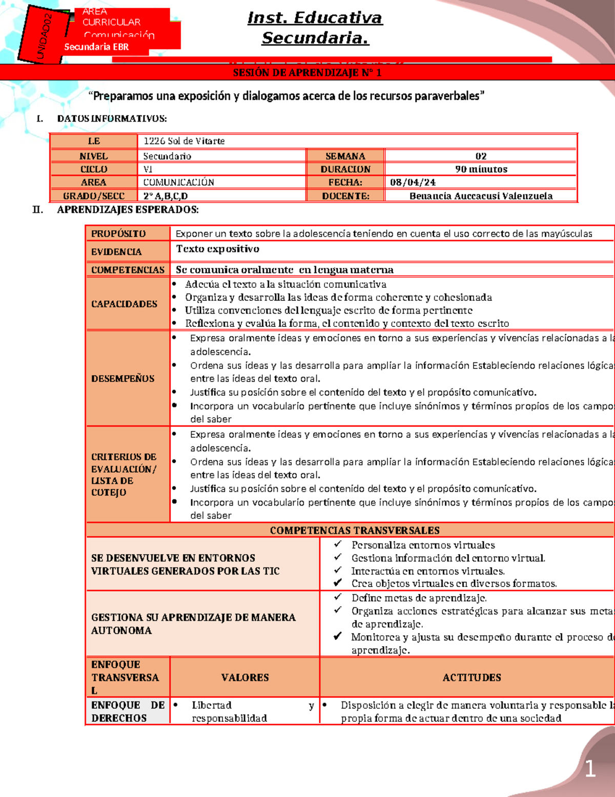 2° Ses 1 Unid 2 Ficha Comunicación Unidad Secundaria Ebr Área