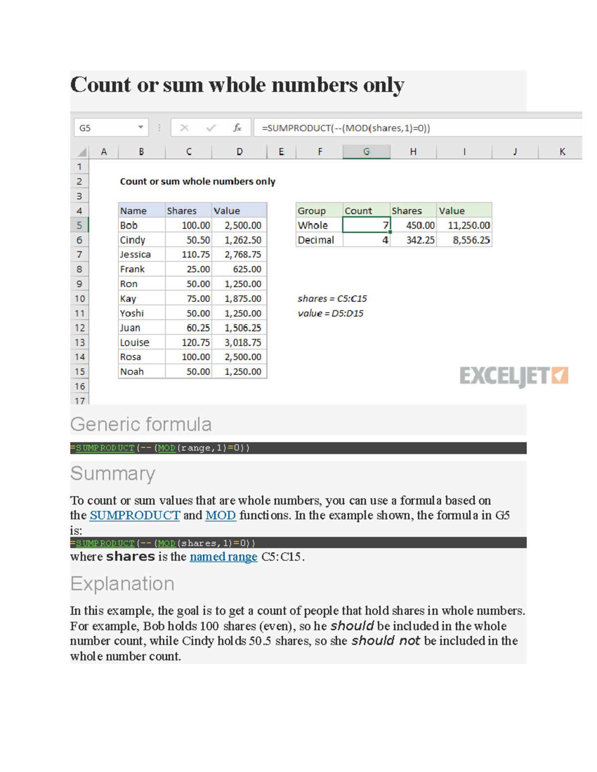 Count or sum whole numbers only-Excel