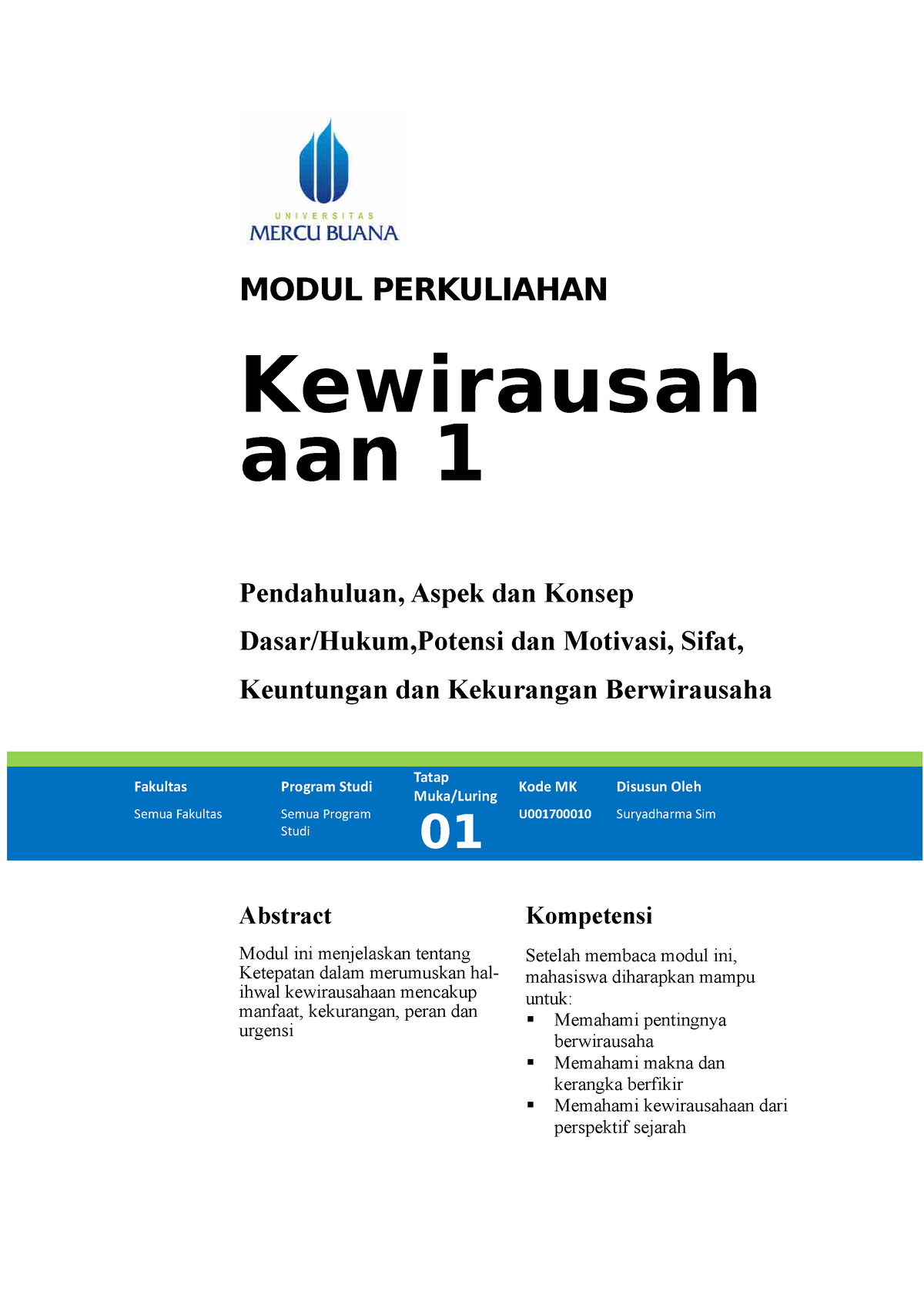 Kewirausahaan TM 1 - MODUL PERKULIAHAN Kewirausah Aan 1 Pendahuluan ...