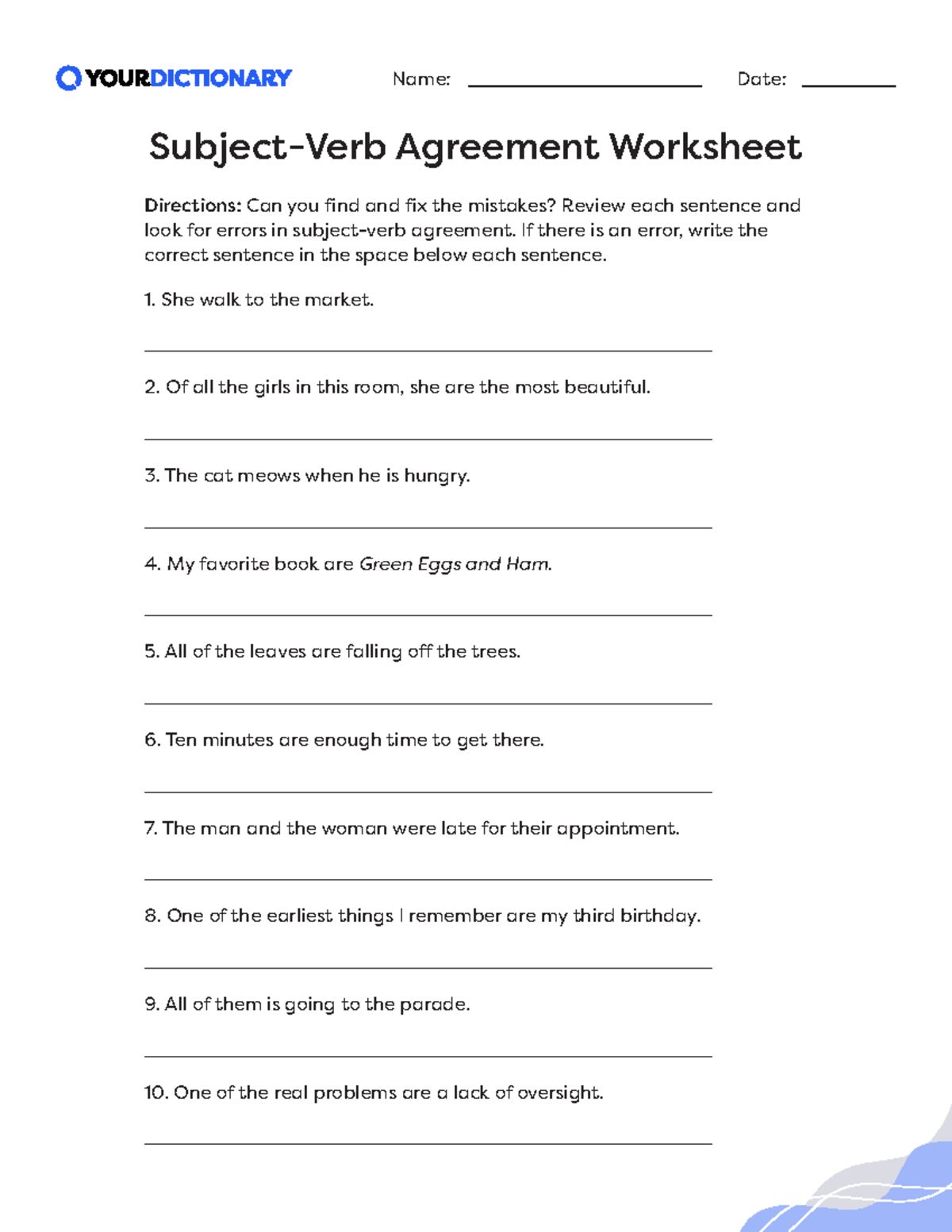 Subject verb agreement worksheet middle high school - Name: Date ...