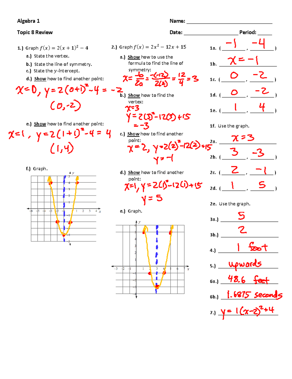 Topic+8+Review,+Key - math - Algebra 1 Name ...