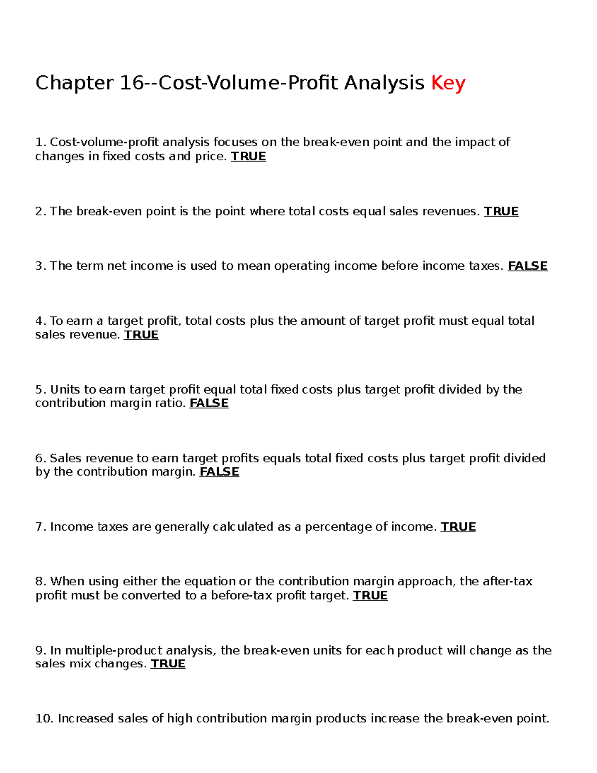 ACCT 321 Chapter 16 Practice Quiz Chapter 16CostVolumeProfit