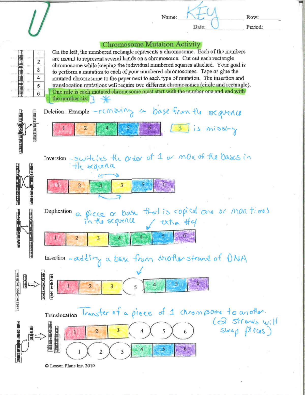 Mutation activity key - Name: KEy Row: Date: Period: Chromosome ...