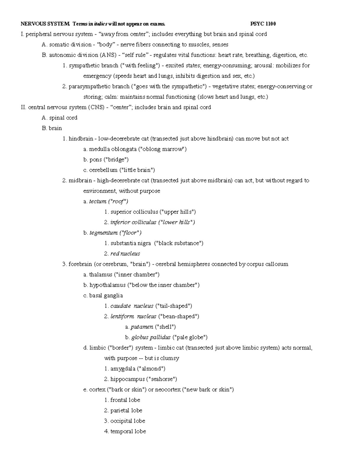 Nervous System Outline - NERVOUS SYSTEM. Terms In Italics Will Not ...