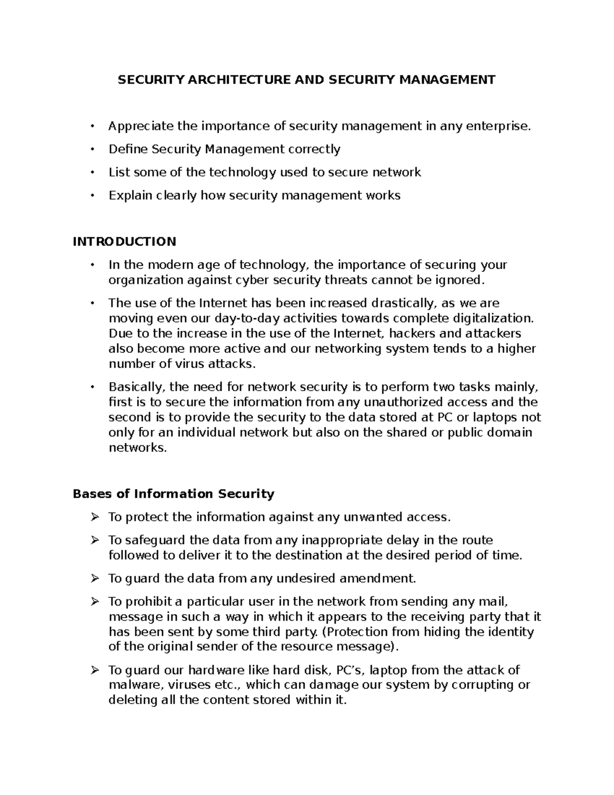 Security Architecture AND Security Management - SECURITY ARCHITECTURE ...