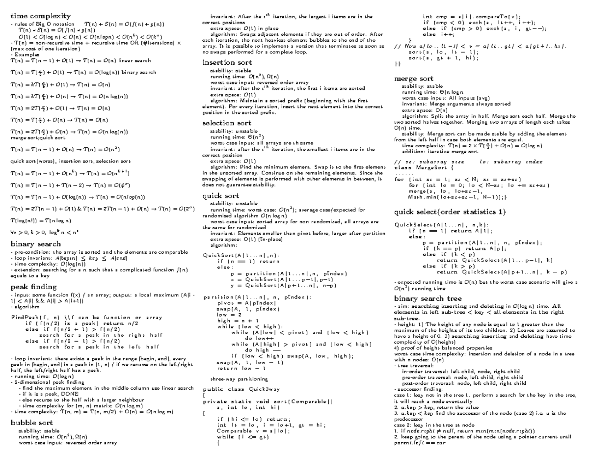 CS2040s midterm cheat sheet - time complexity rules of Big O notation T ...