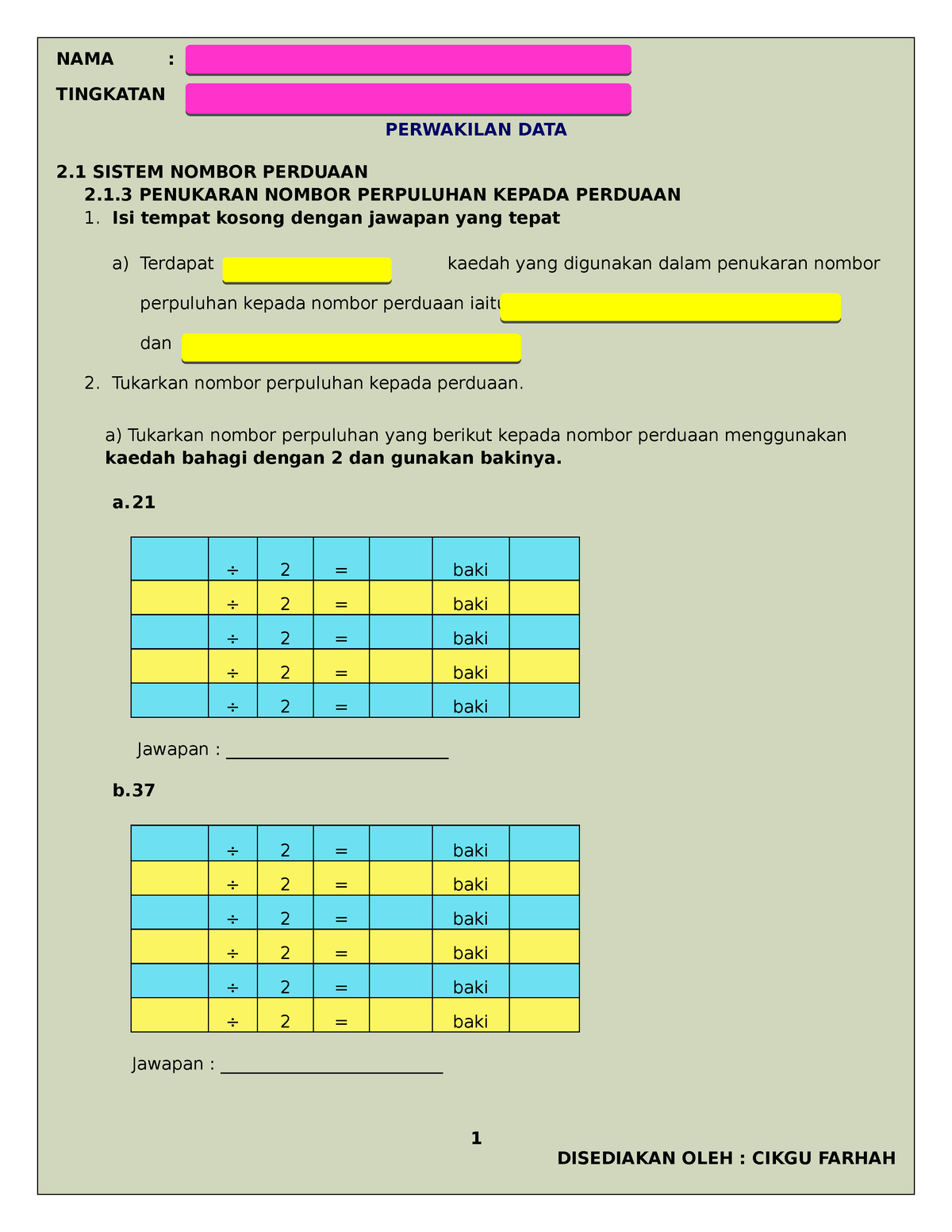 latihan asas sains komputer tingkatan 1 bagi sekolah menengah  NAMA