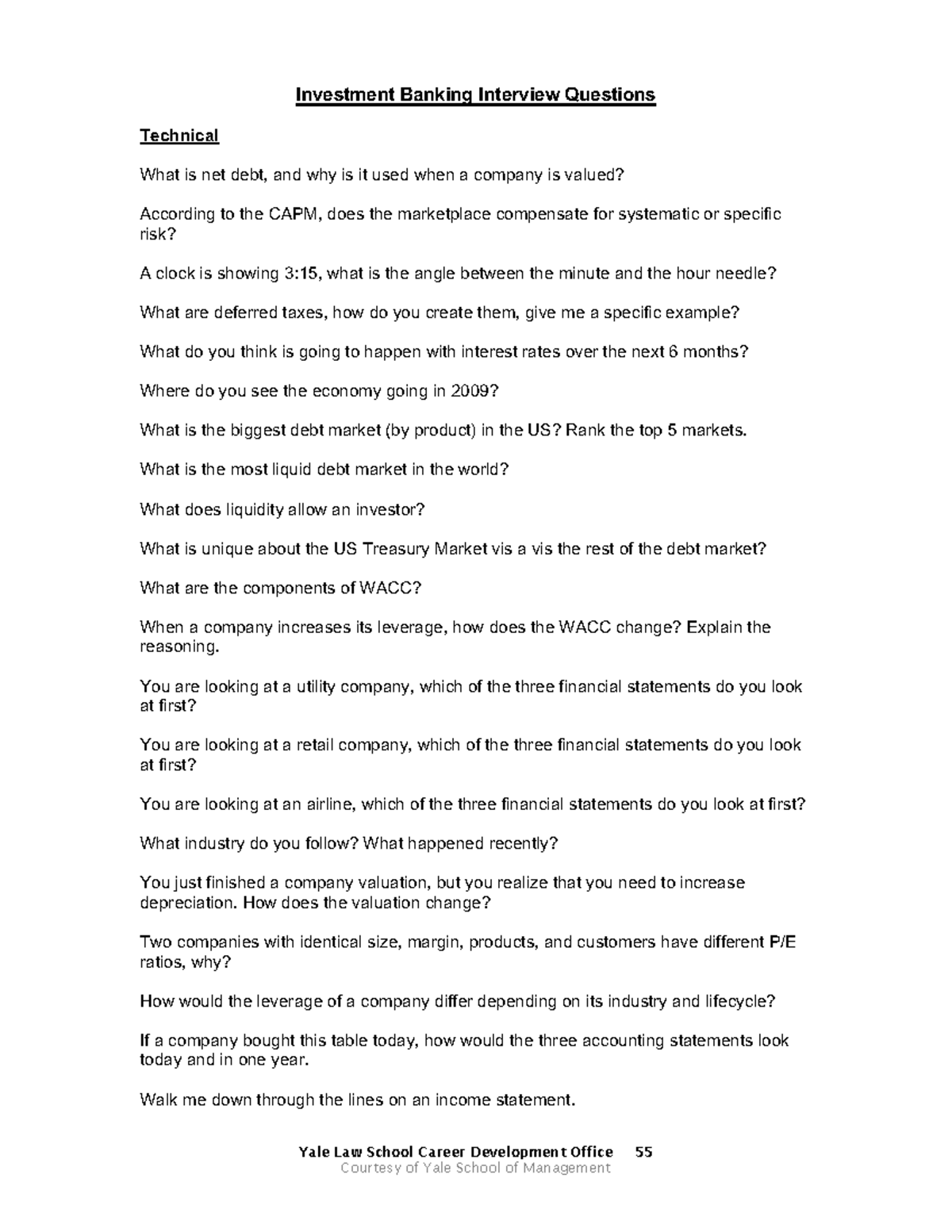 interview questions from yale Investment Banking Interview Questions