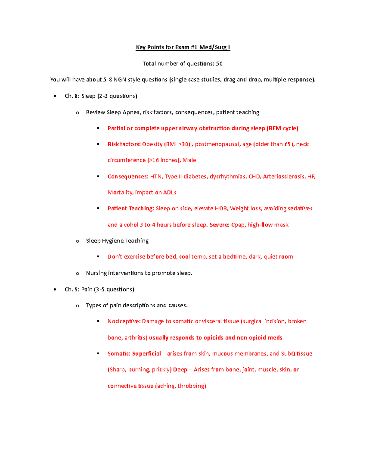 Study Guide - Med Surg I, Test 1 - Key Points For Exam #1 Med/Surg I ...