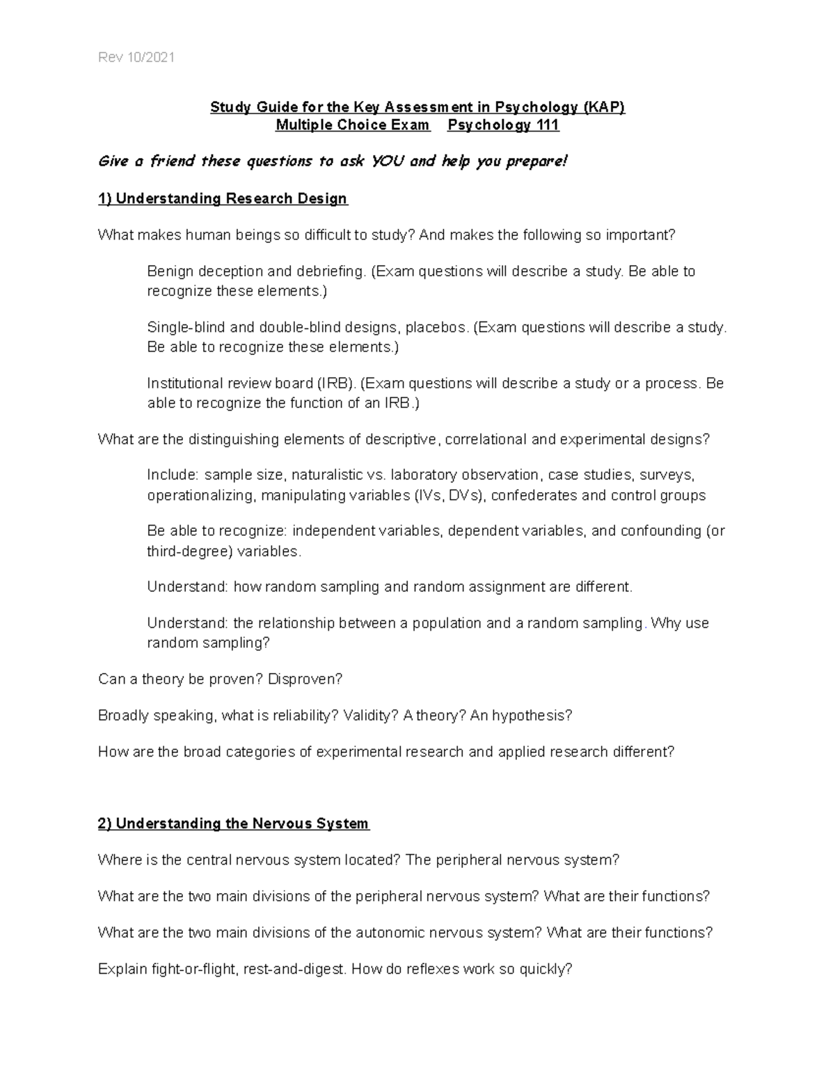 Study Guide KAP Exam (MC Questions) Rev 10/ Study Guide for the Key