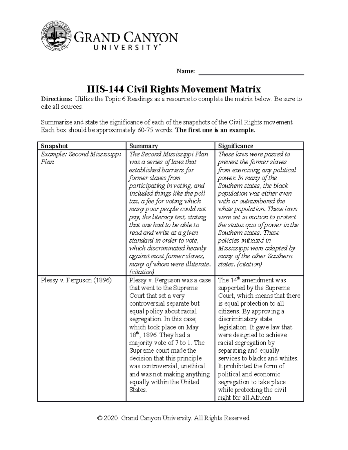 HIS-144 Civil Rights Movement Matrix - HIS-144 - GCU - Studocu