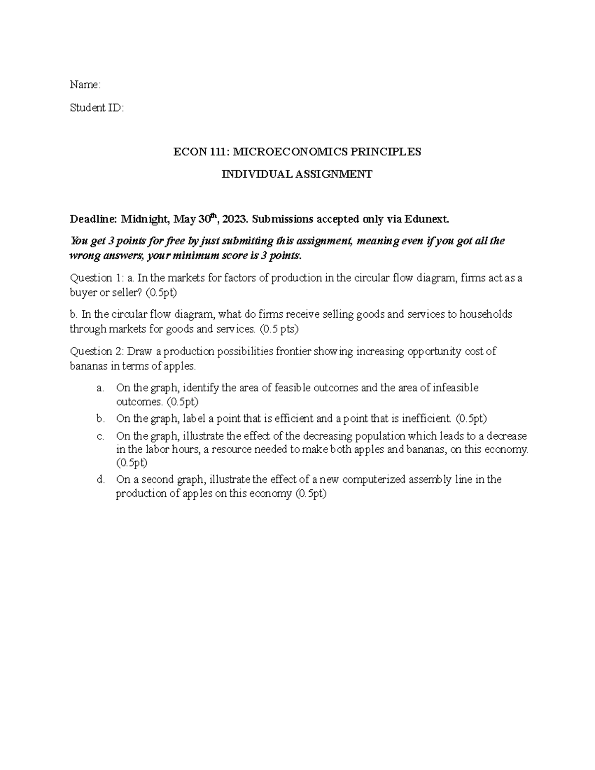 Eco-quiz-1 - Quiz 1 - Name: Student ID: ECON 111: MICROECONOMICS ...