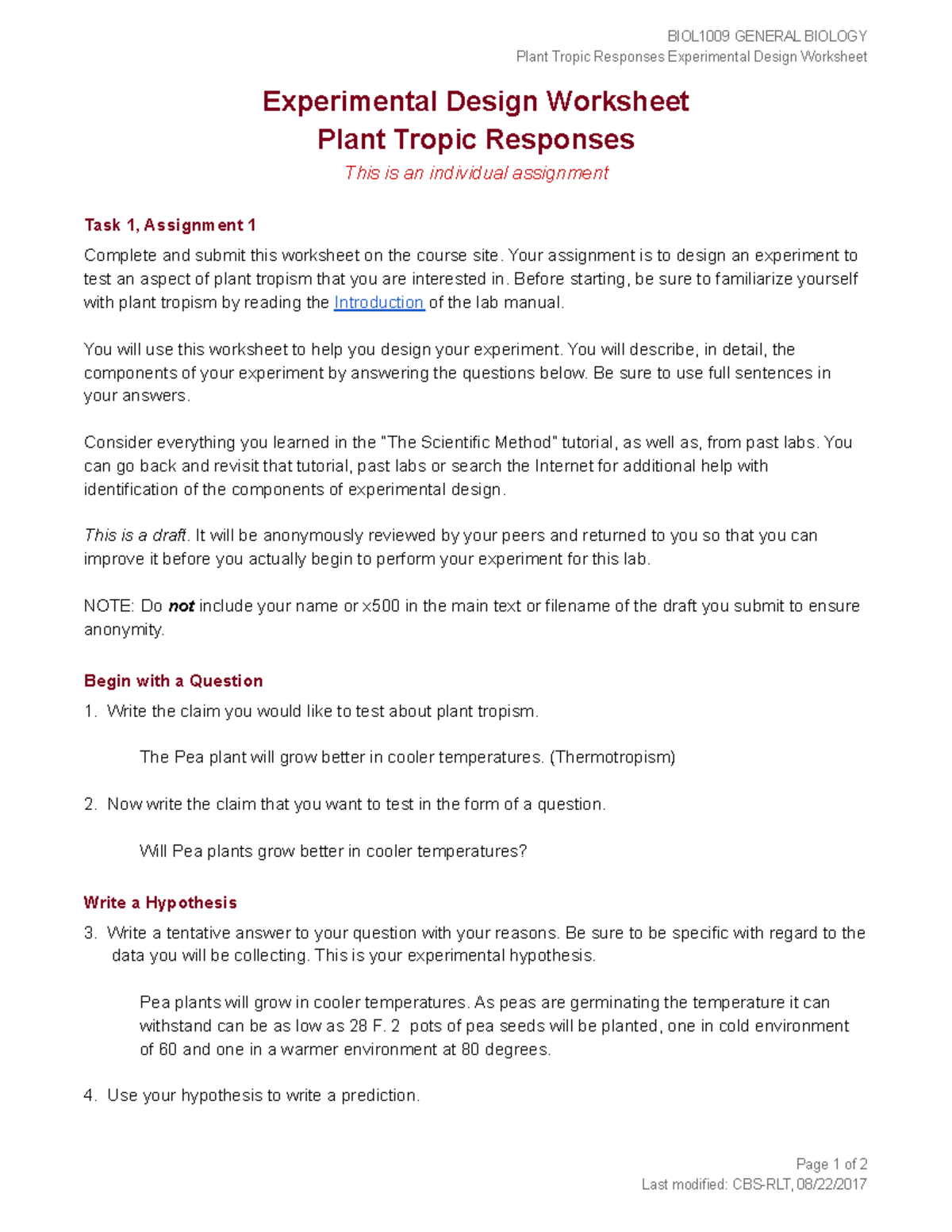 BIOL20 Experimental Design Worksheet Plant Tropic Responses With Experimental Design Worksheet Answers