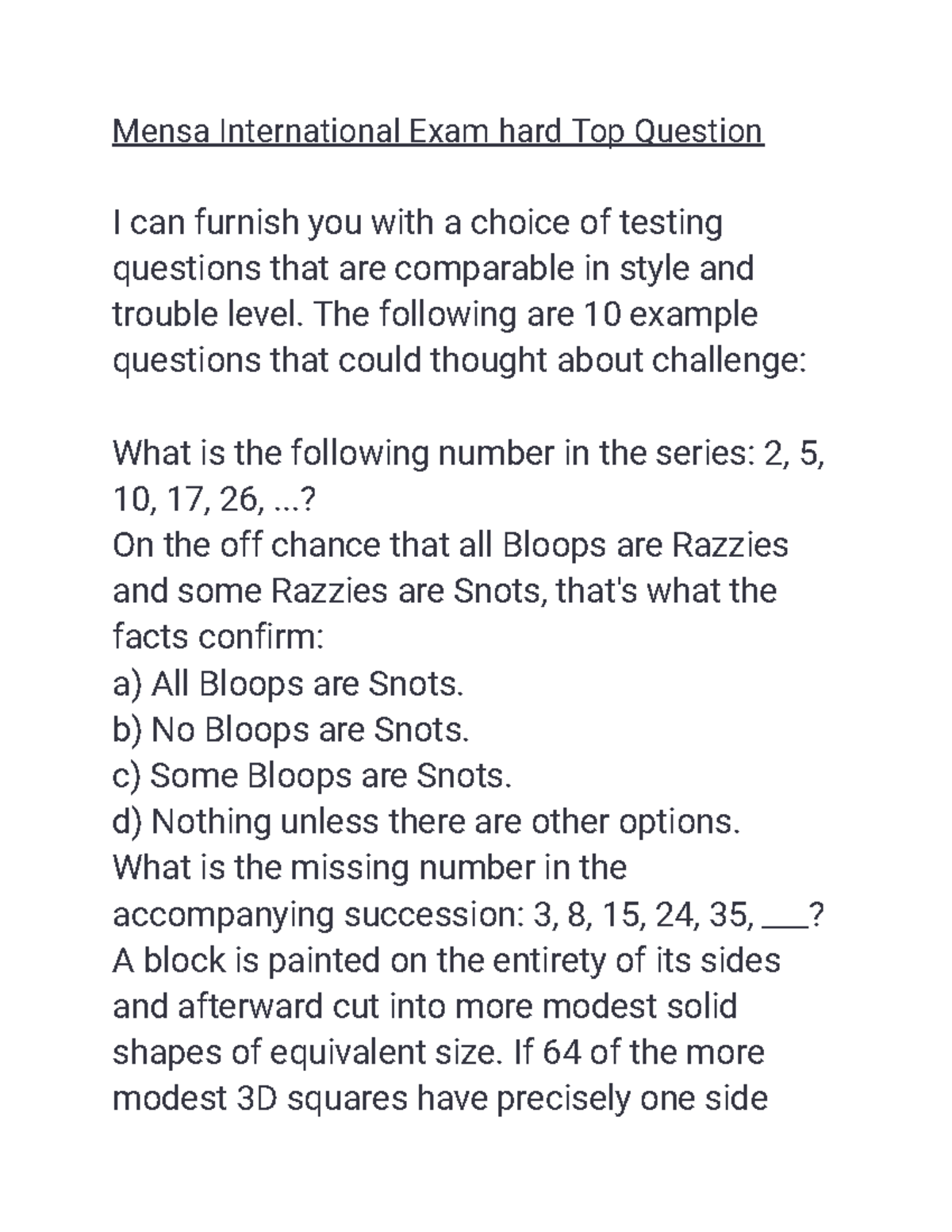 Mensa International Exam hard Top Question - The following are 10 ...