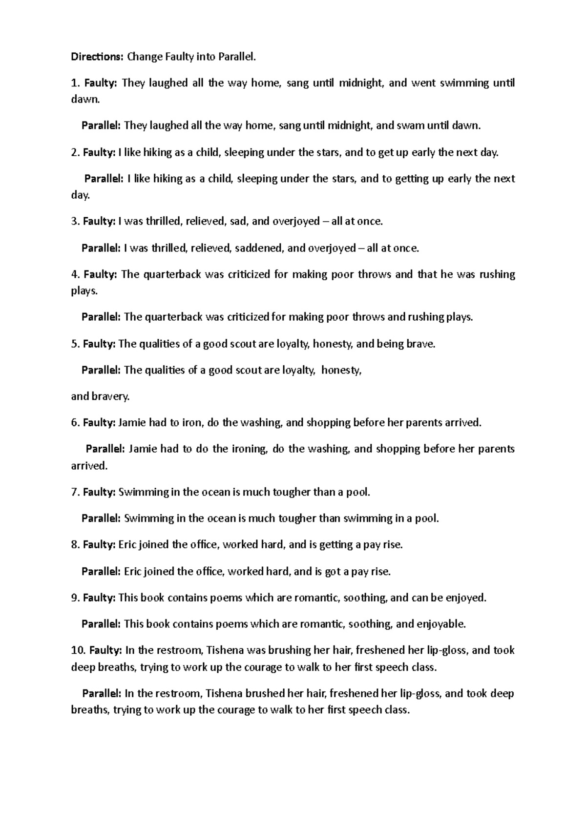 Parallelism Activity with answer - Directions: Change Faulty into ...