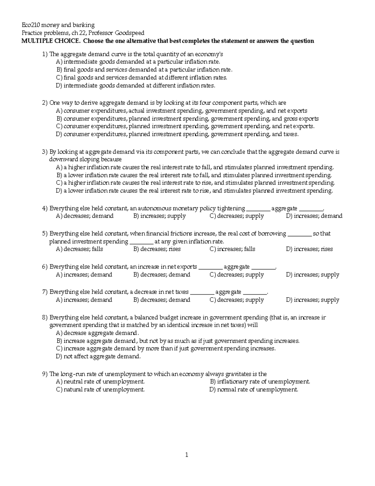 Eco 210 practice problems chapter 22 with answers - Eco210 money and ...