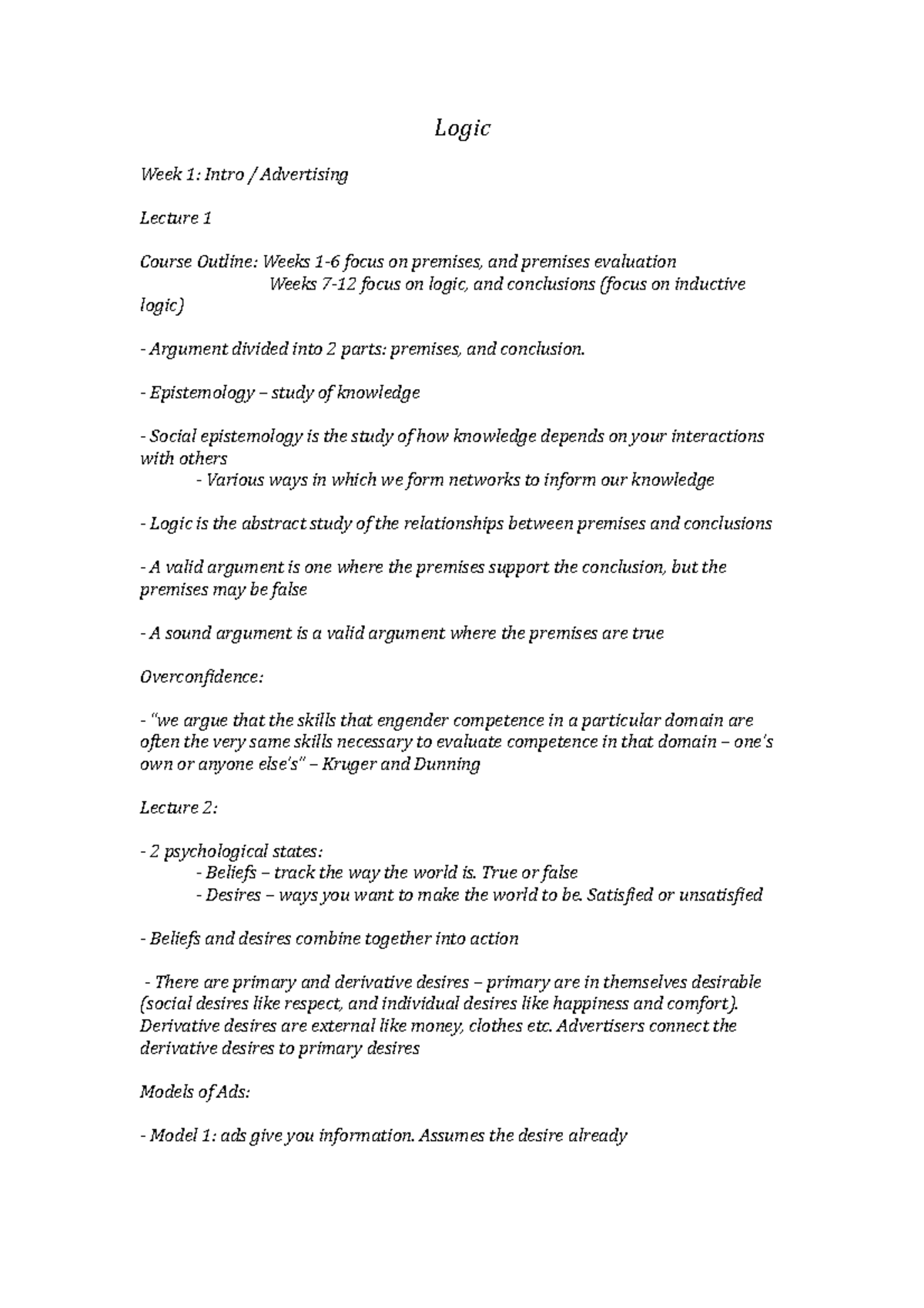 Logic Notes Week 1-6 - Logic Week 1: Intro / Advertising Lecture 1 ...