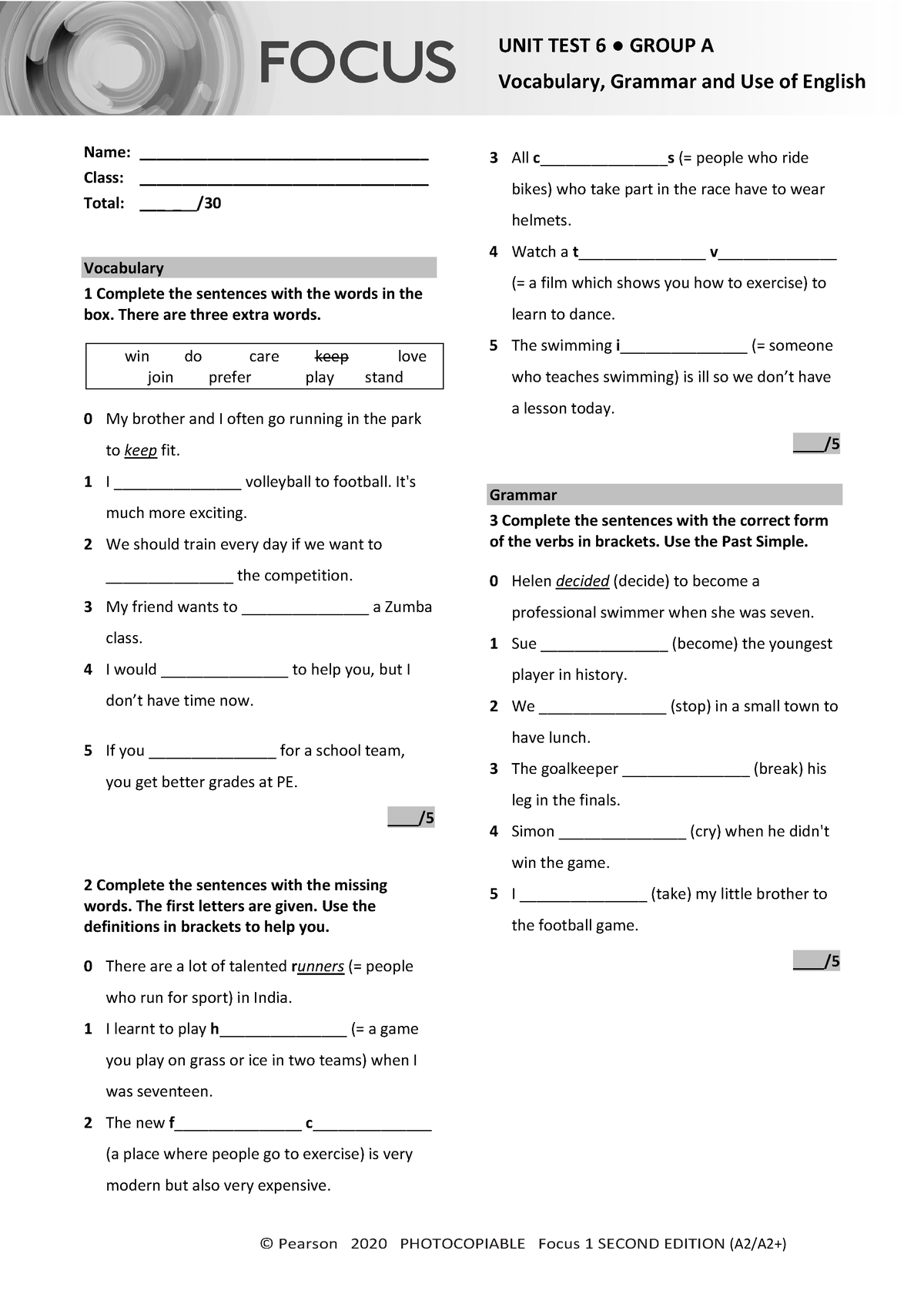 Focus 1 2E Unit Test Vocabulary Grammar Uo E Unit6 Group A - © Pearson ...