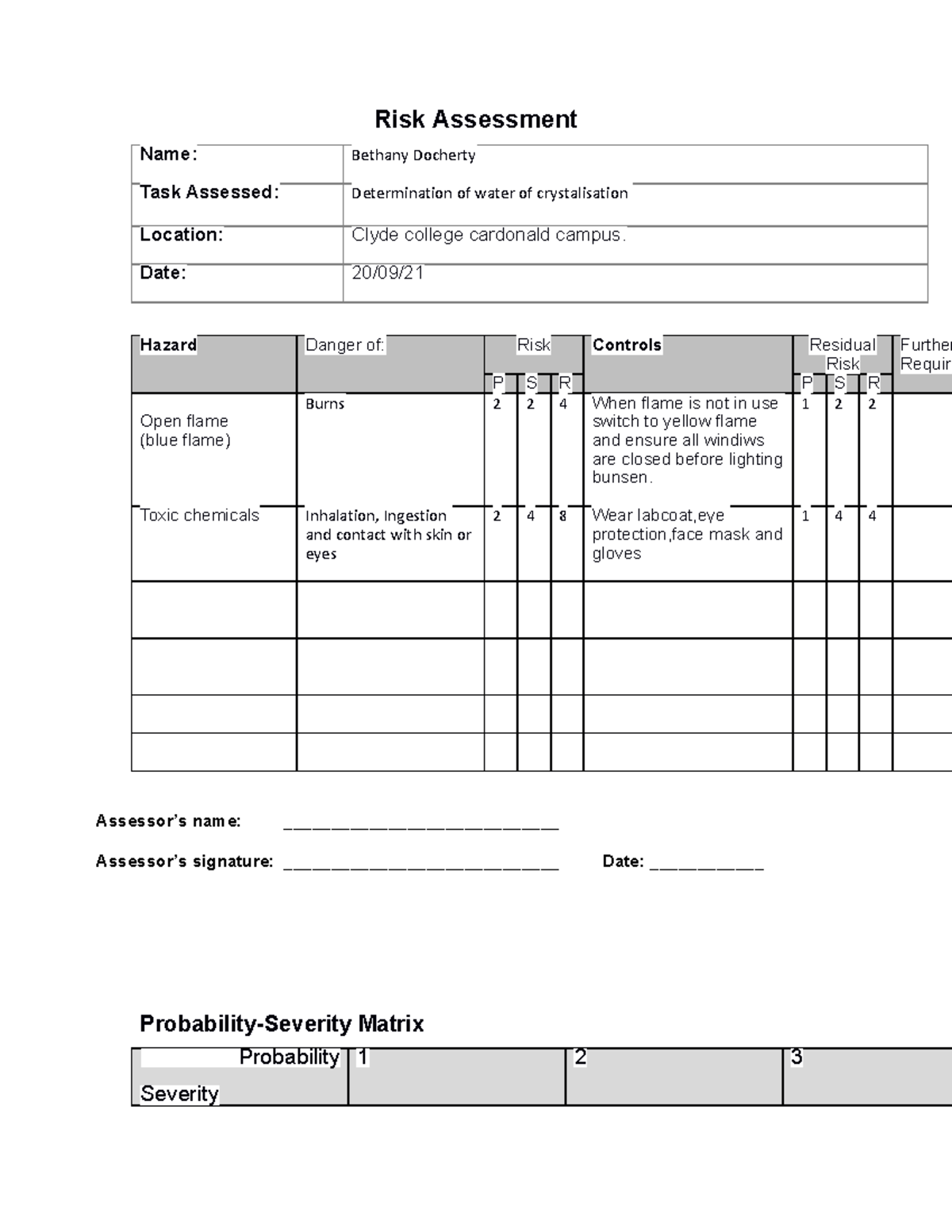 Risk Assessment Form Blank Template Risk Assessment Name Bethany Docherty Task Assessed 5894