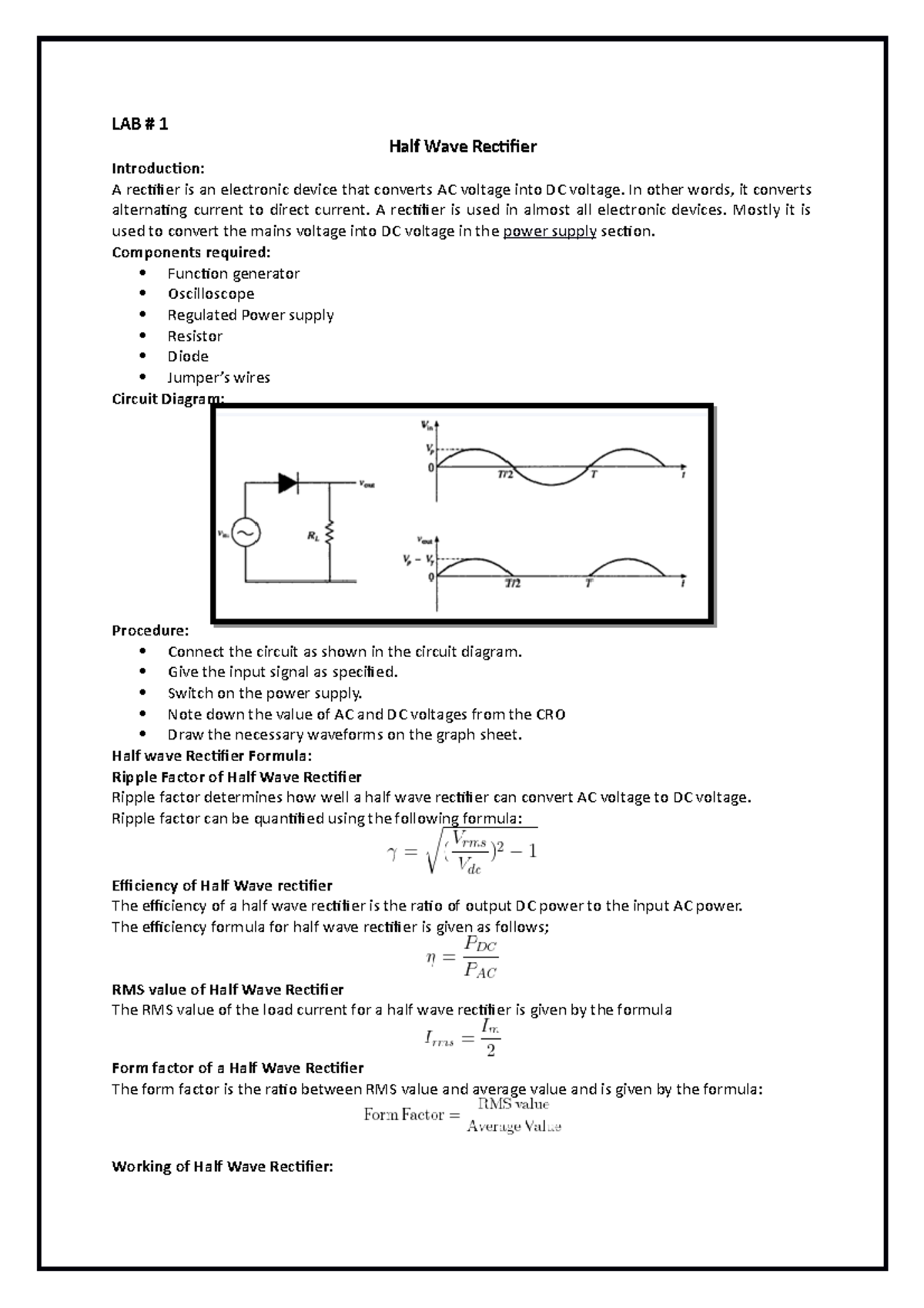 Half Wave Rectifier Lab 1 LAB 1 Half Wave Rectifier Introduction