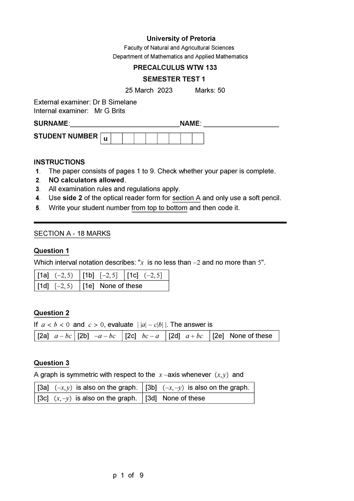 Semester Test 1 2023 - University of Pretoria Faculty of Natural and ...