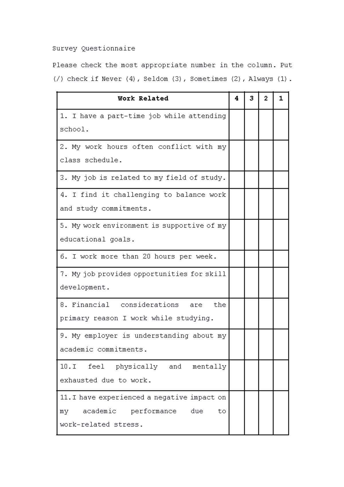 Survey-Questionnaire Academic Work Related - Survey Questionnaire ...