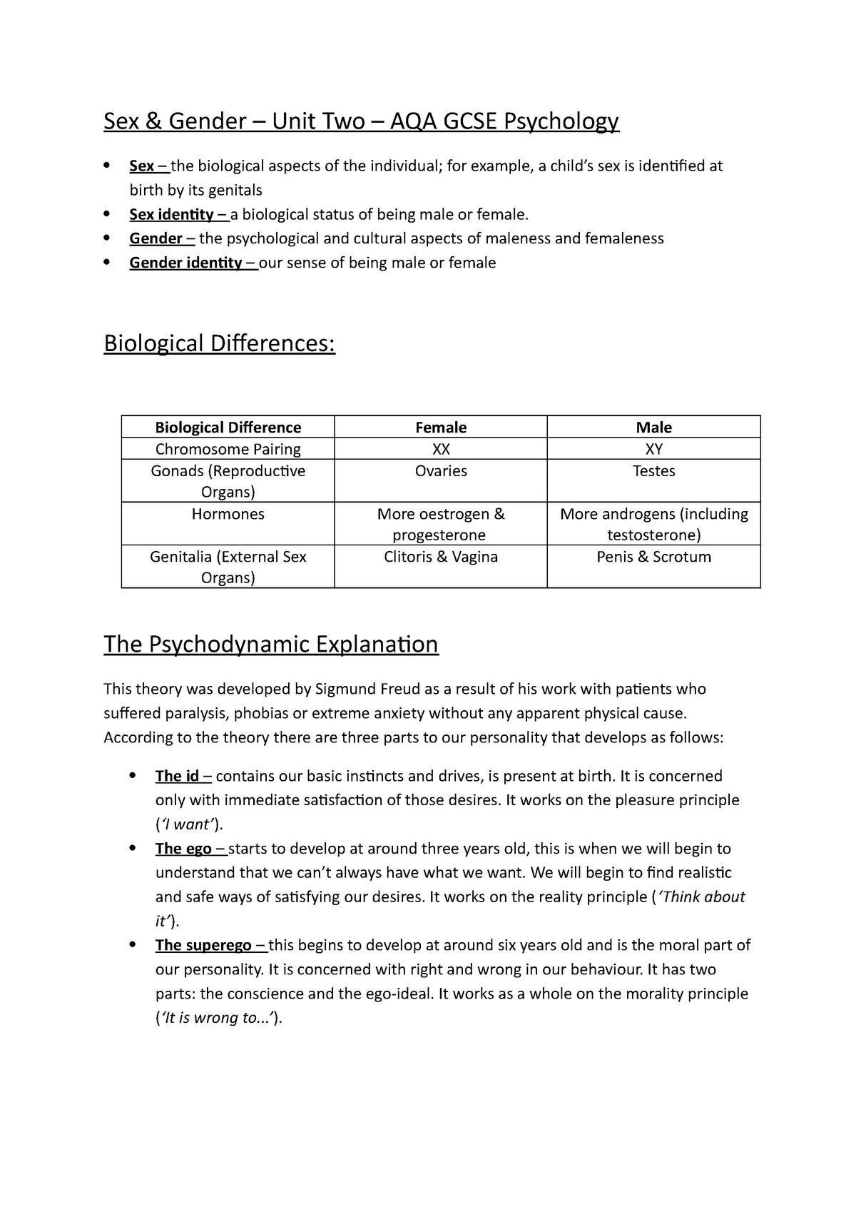 Sex Gender Word Document Sex And Gender Unit Two Aqa Gcse Psychology Sex The Biological