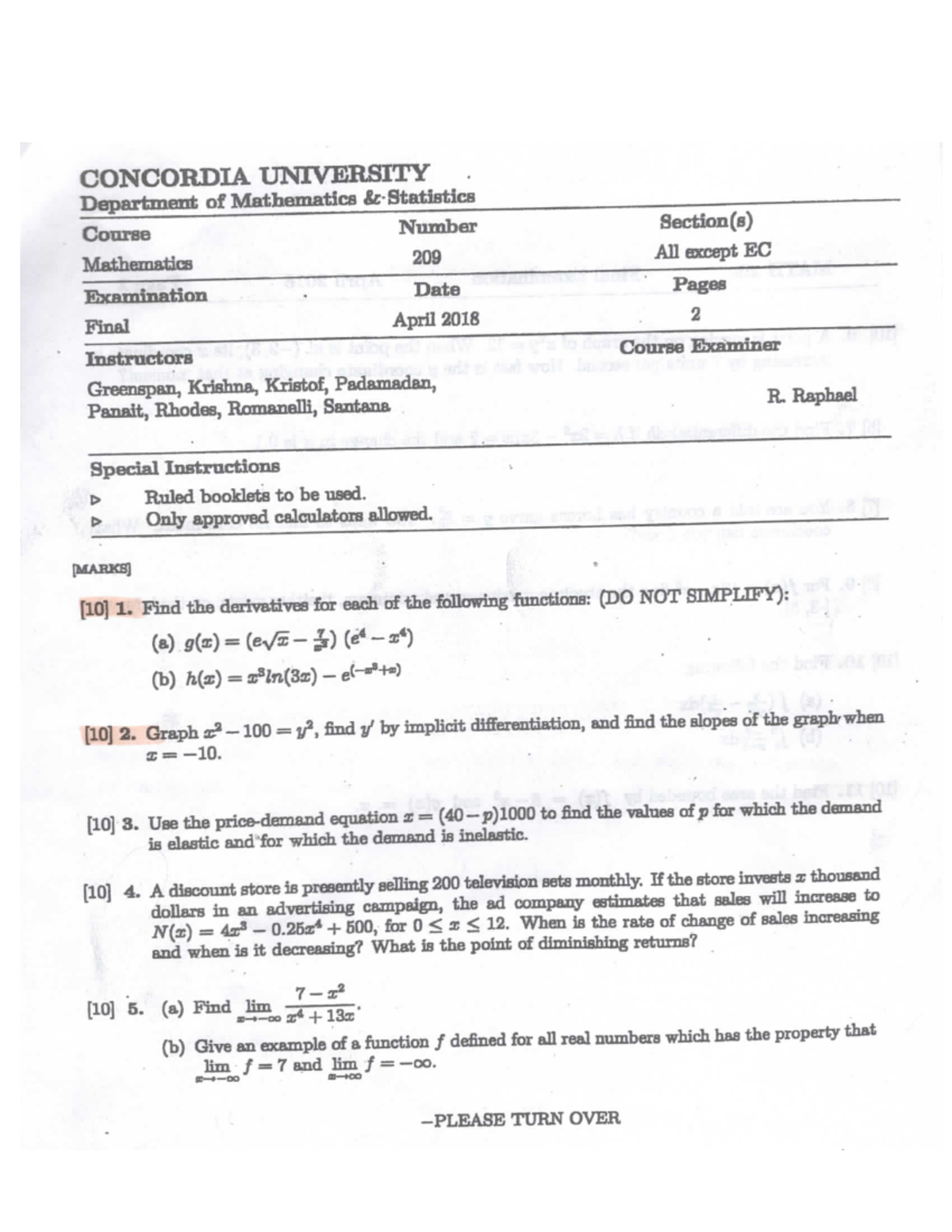 MATH 209 - April 2018 - Old final exam - CONCORDIA UNIVERSITY ...
