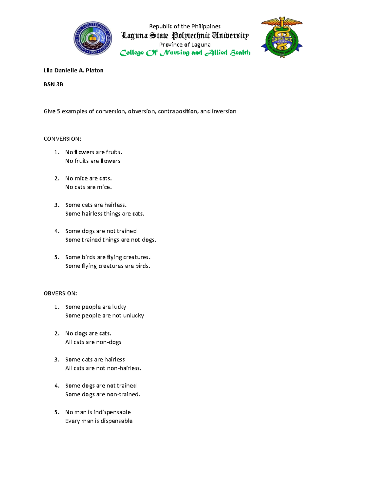 Logic Assignment - Republic of the Philippines Laguna State Polytechnic ...