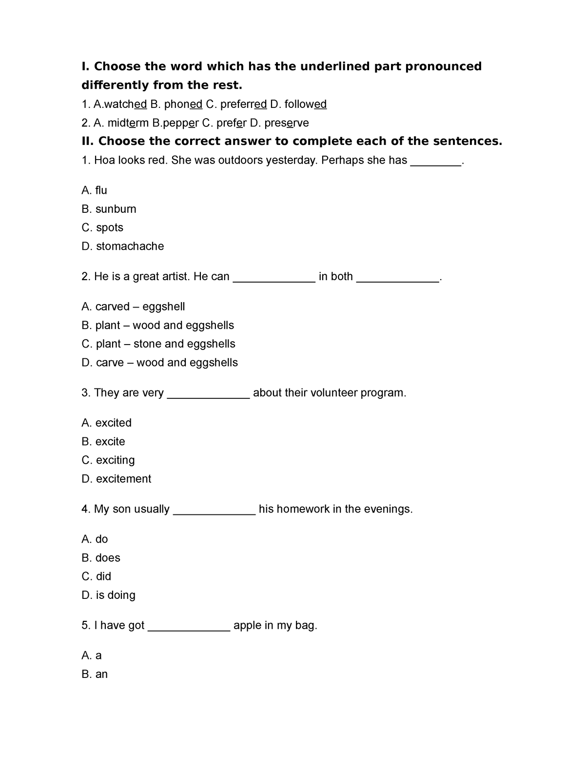 CK 1 TA7 - Copy - English - I. Choose The Word Which Has The Underlined ...