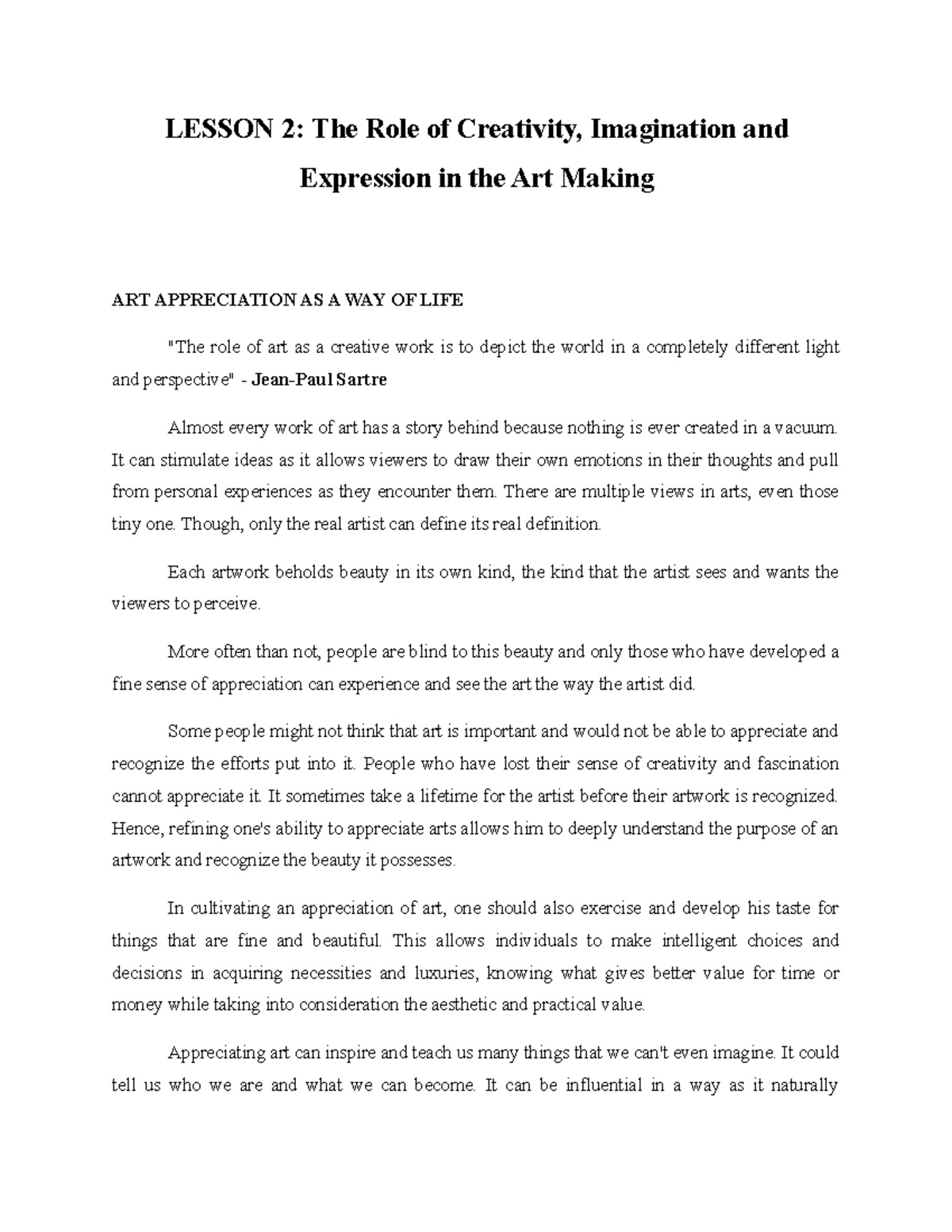 Lesson 2- The Role of Creativity, Imagination and Expression in the Art ...