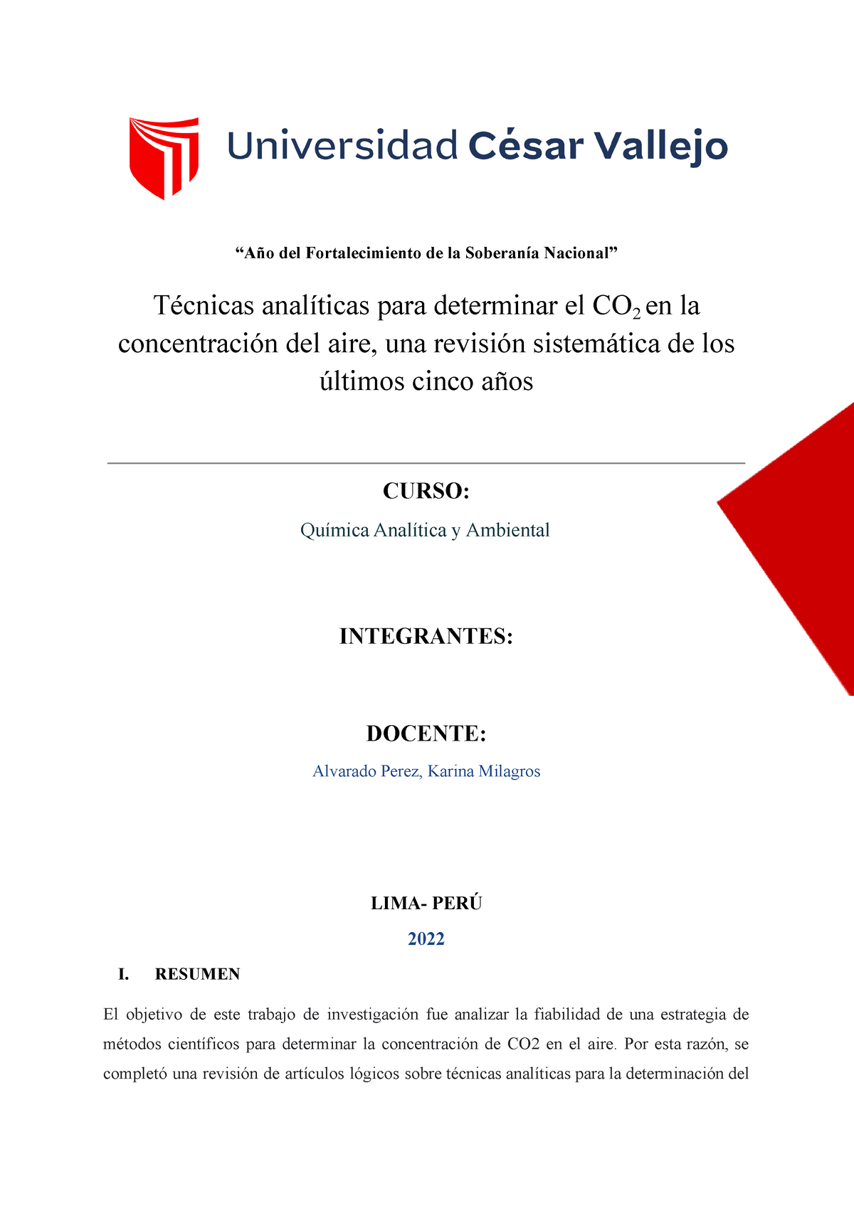 Informe De Química Analitica - “Año Del Fortalecimiento De La Soberanía ...