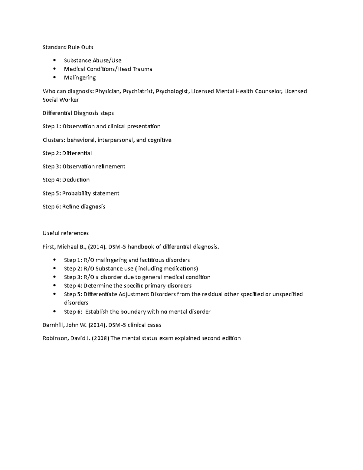 Differential Diagnosis A Proposed Process Standard Rule Outs