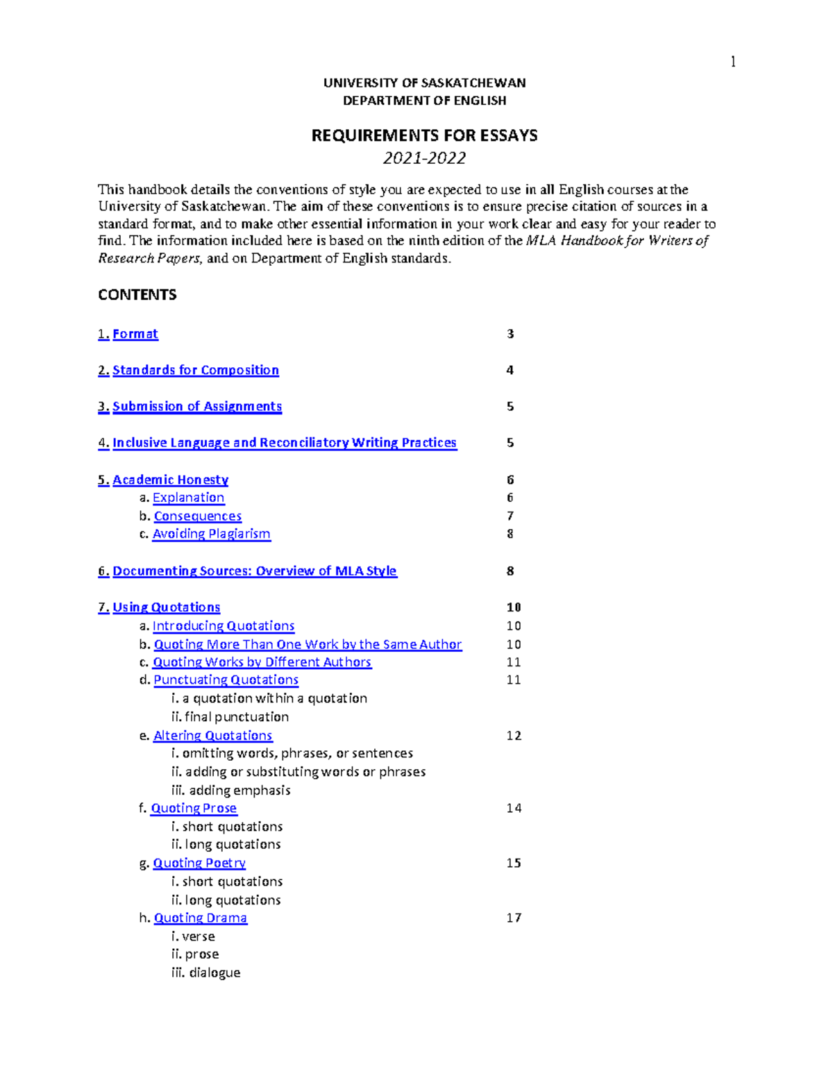 Requirements For Essays UNIVERSITY OF SASKATCHEWAN DEPARTMENT OF