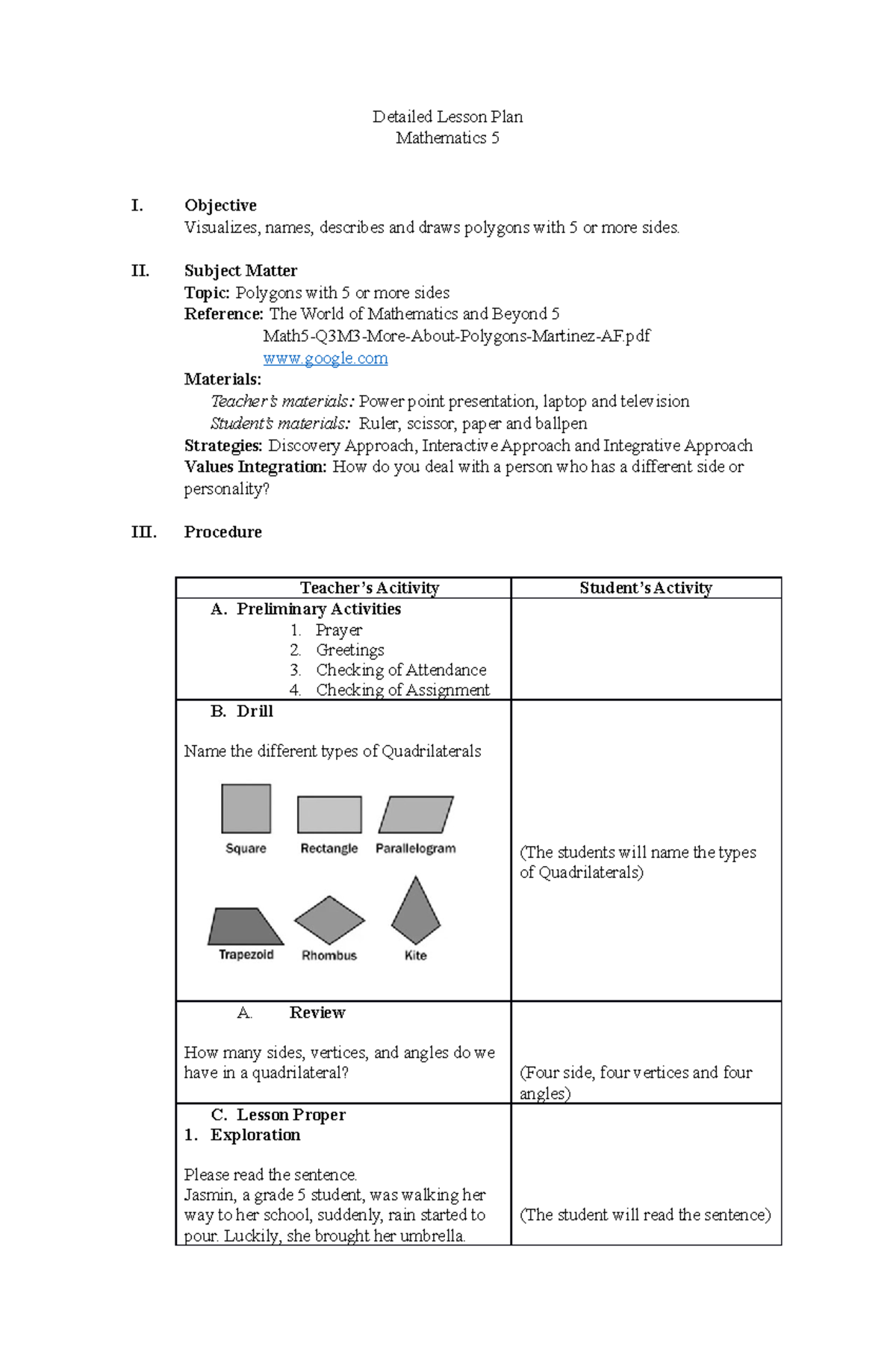 Semi Detailed Lesson Plan Detailed Lesson Plan Mathematics 5 I