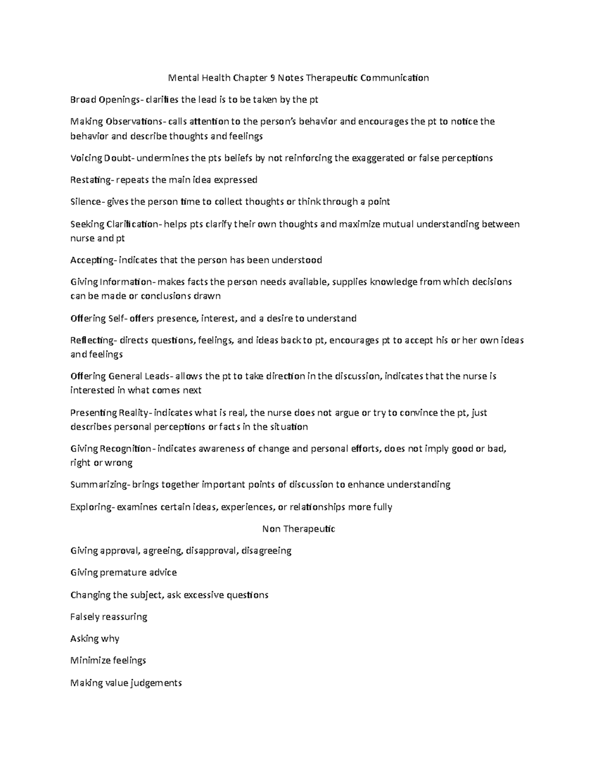 Mental health ch 9 notes - Mental Health Chapter 9 Notes Therapeutic ...