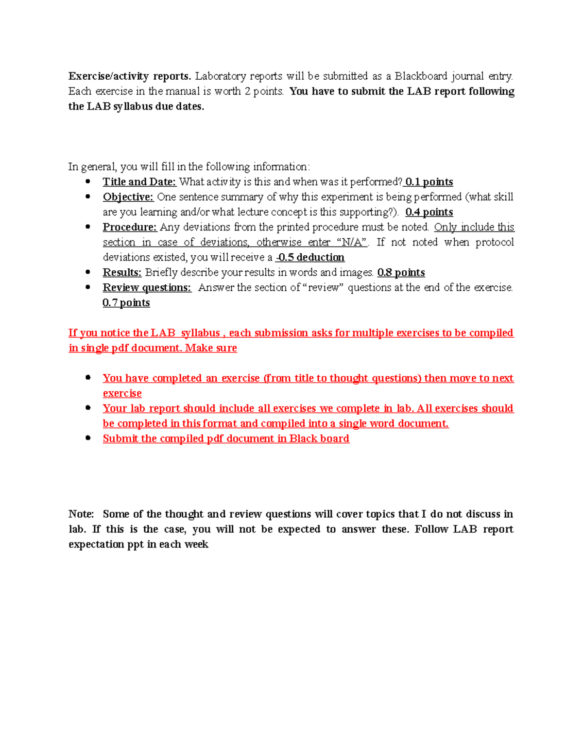 Lab Rubric - Exercise/activity reports. Laboratory reports will be ...
