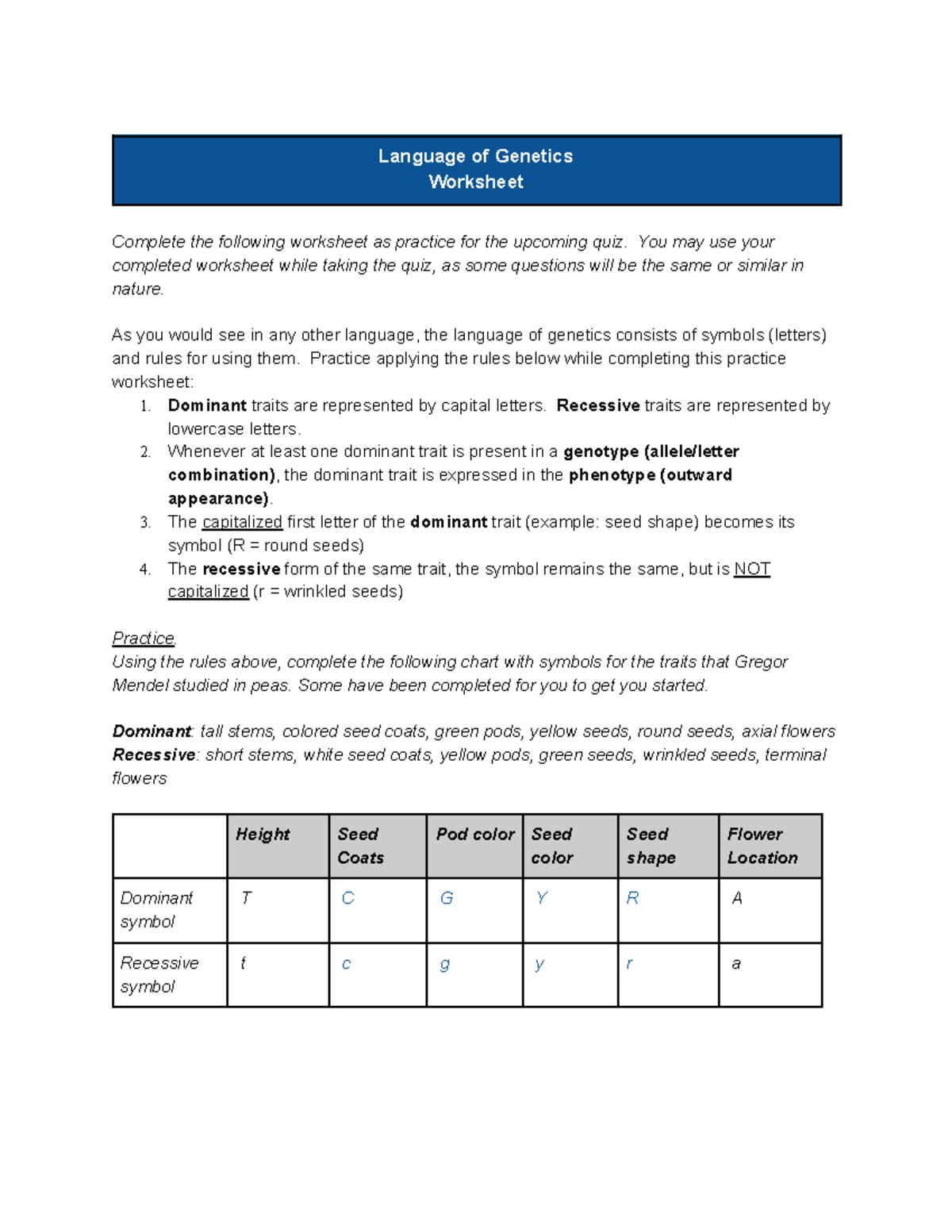M8Languageof Genetics Worksheet HO Revised - Language of Genetics ...