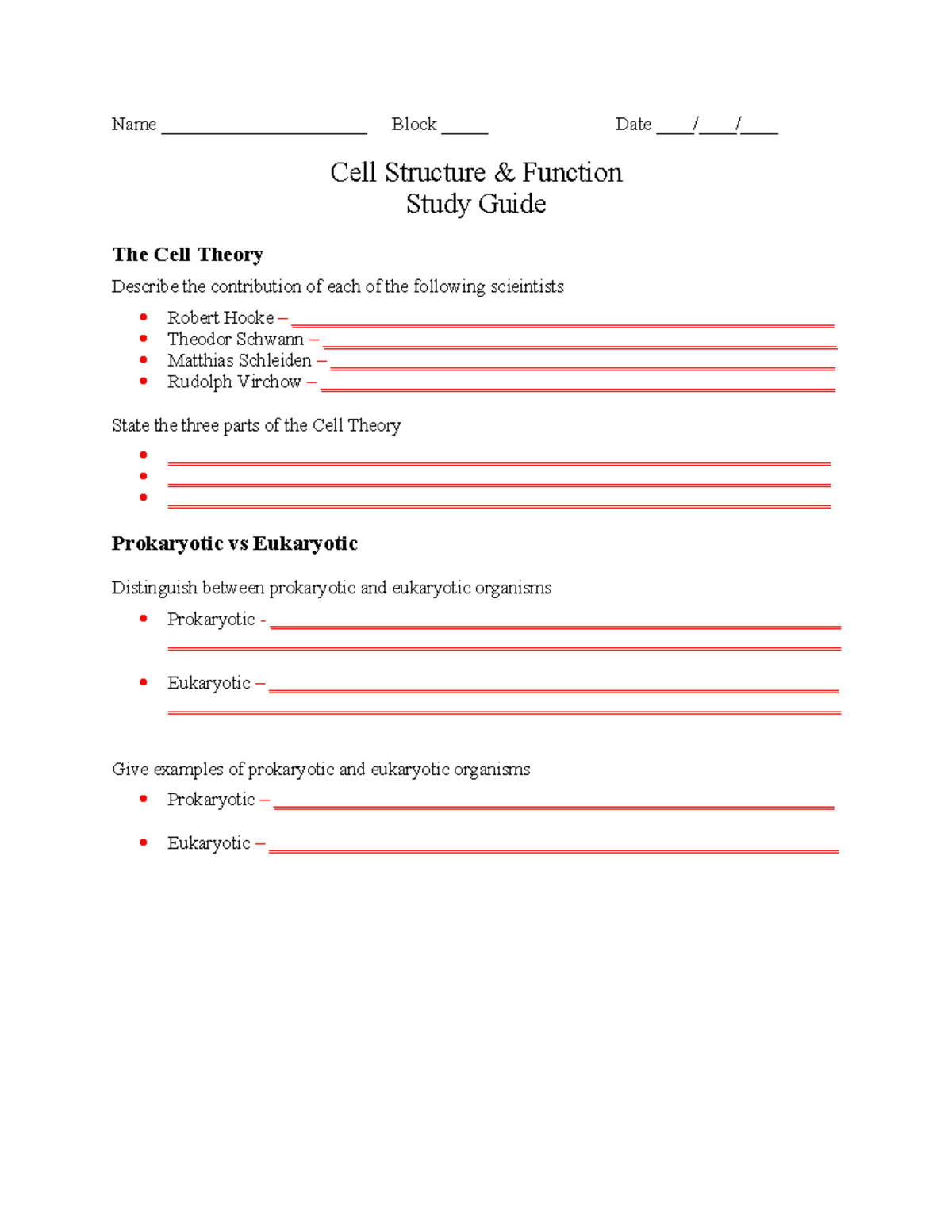 Cell Structure & Function Study Guide Name